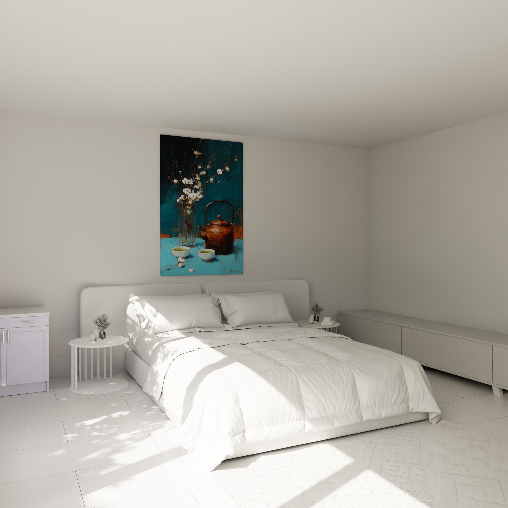 Tableau theiere japonaise et fleurs cerisier dans chambre moderne decoration murale apaisante turquoise