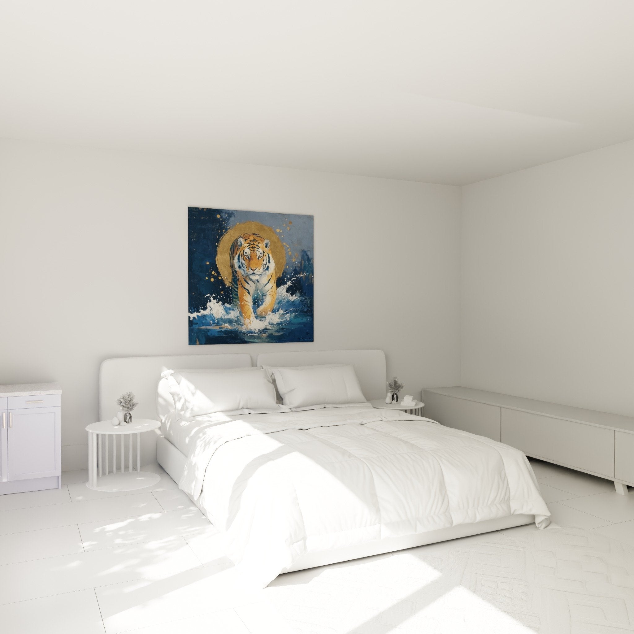 Aquatischer Tiger Kunstdruck Schlafzimmer Wanddekoration weiße Wand modernes Ambiente