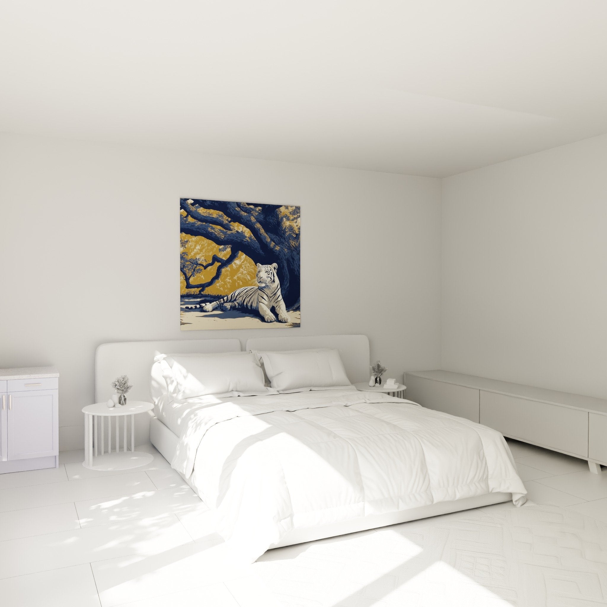 Tableau tigre blanc dans chambre moderne, décoration murale aux tons dorés et bleus apaisants