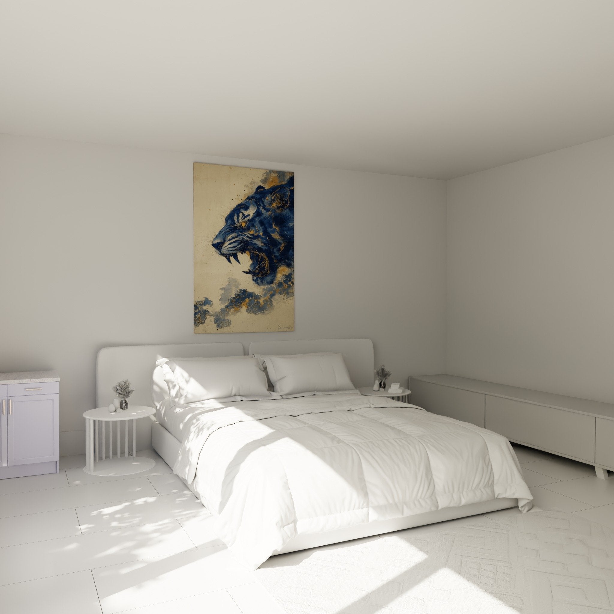 Decoration chambre avec tableau tigre bleu dore sur mur blanc ambiance apaisante