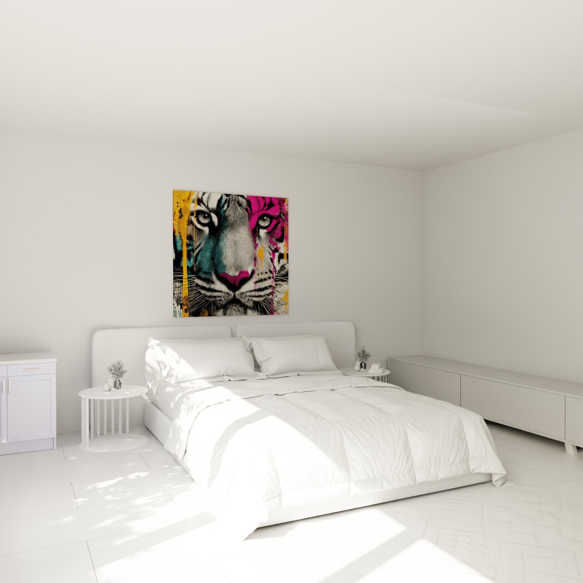Pop-Art-Tigerbild in Fuchsia-Orange in modernem Schlafzimmer, kühne zeitgenössische Wanddekoration