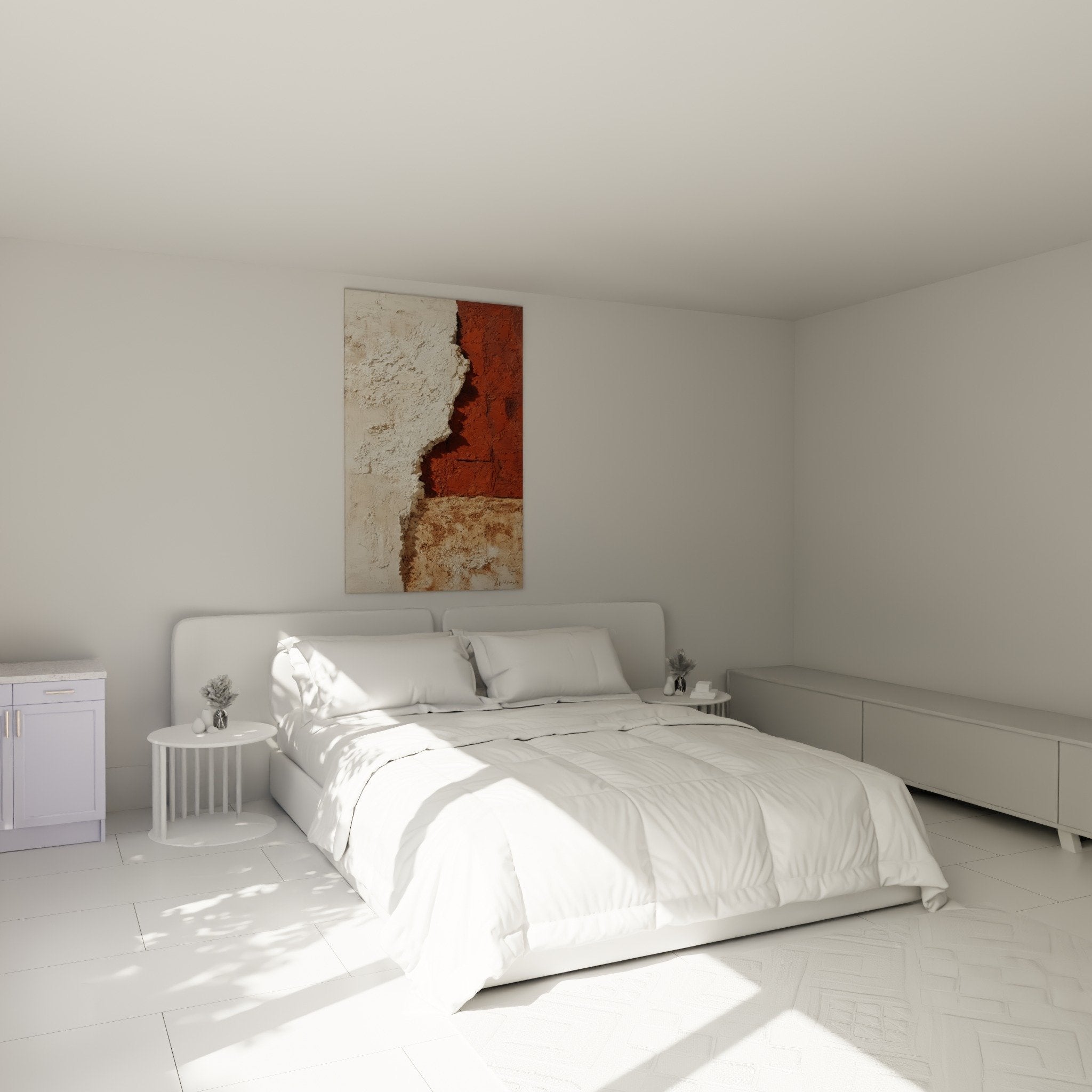 decoration chambre tableau abstrait tons neutres terre cuite blanc mur textures naturelles ambiance zen