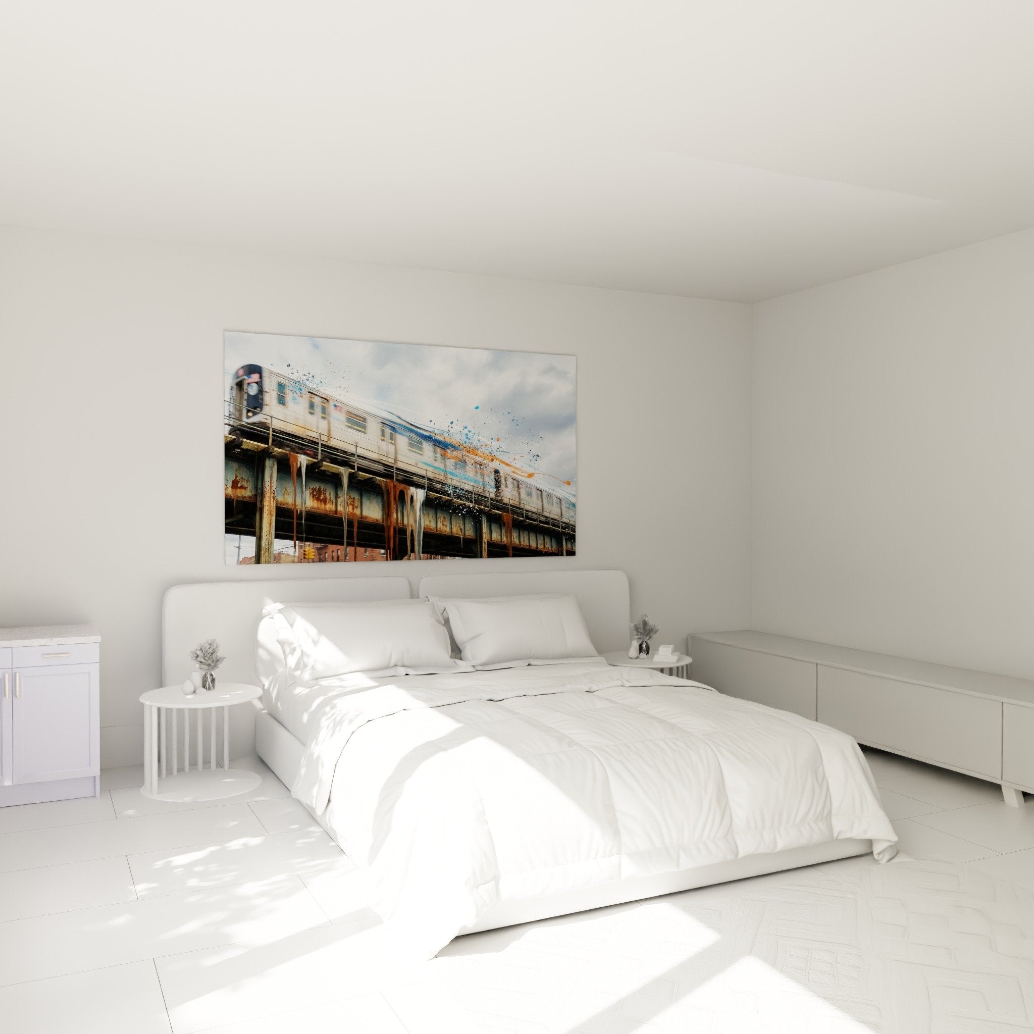 Décoration chambre moderne avec tableau train urbain coloré, éclaboussures artistiques bleues orange