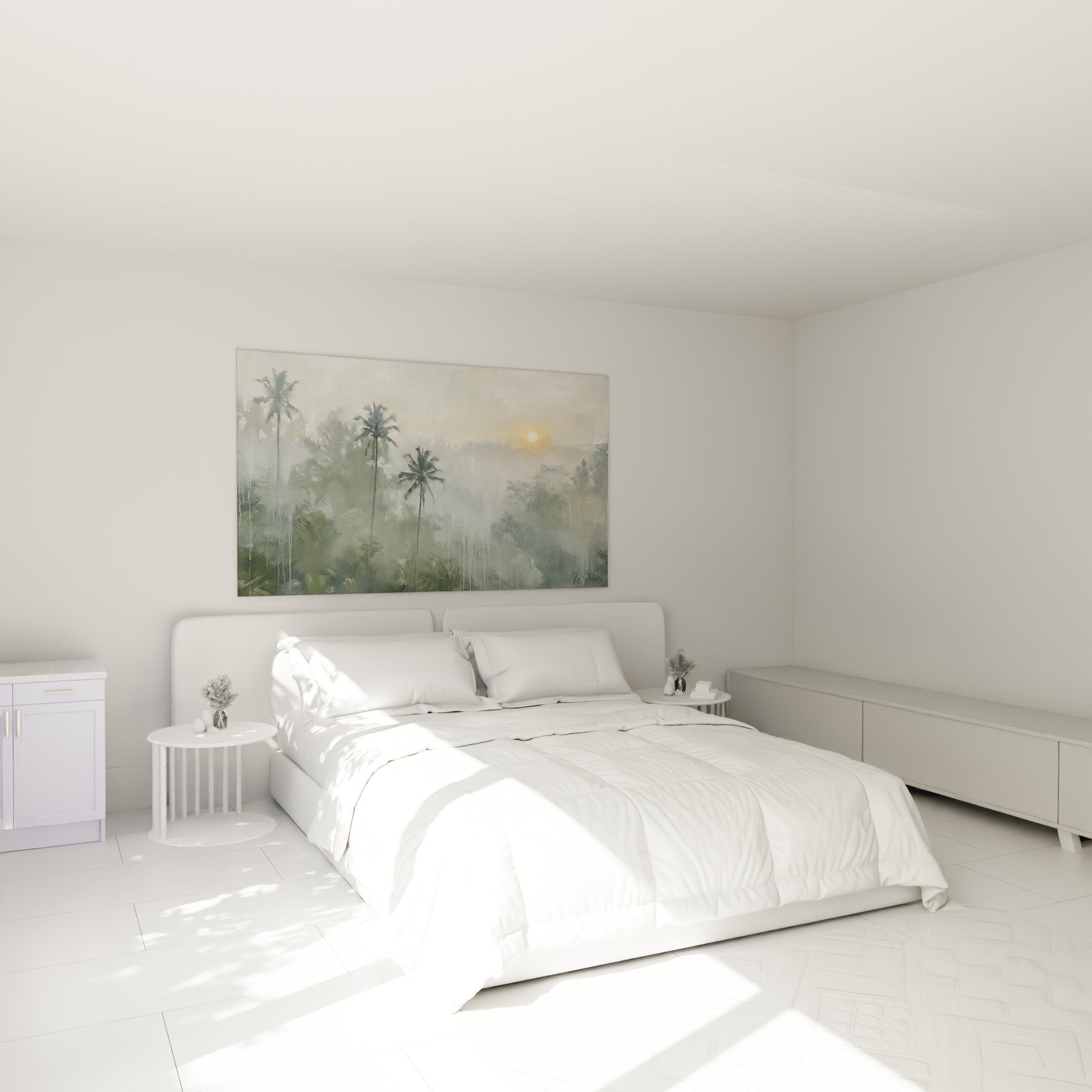 Tropische Wanddekoration im Schlafzimmer, neblige Landschaft in beruhigenden Grüntönen