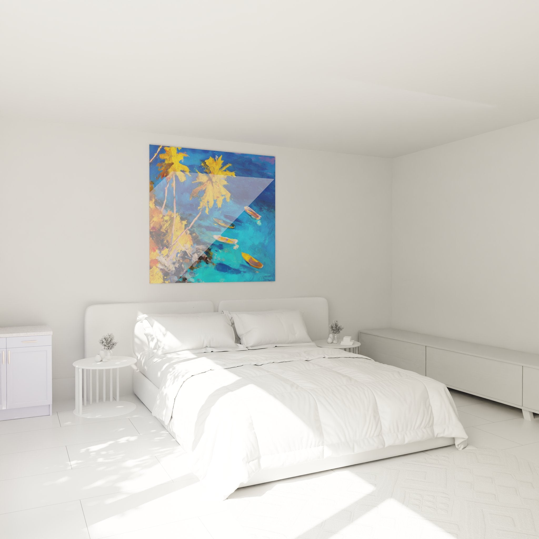 Déco chambre tableau mural tropical palmiers dorés ambiance îles exotiques relaxante