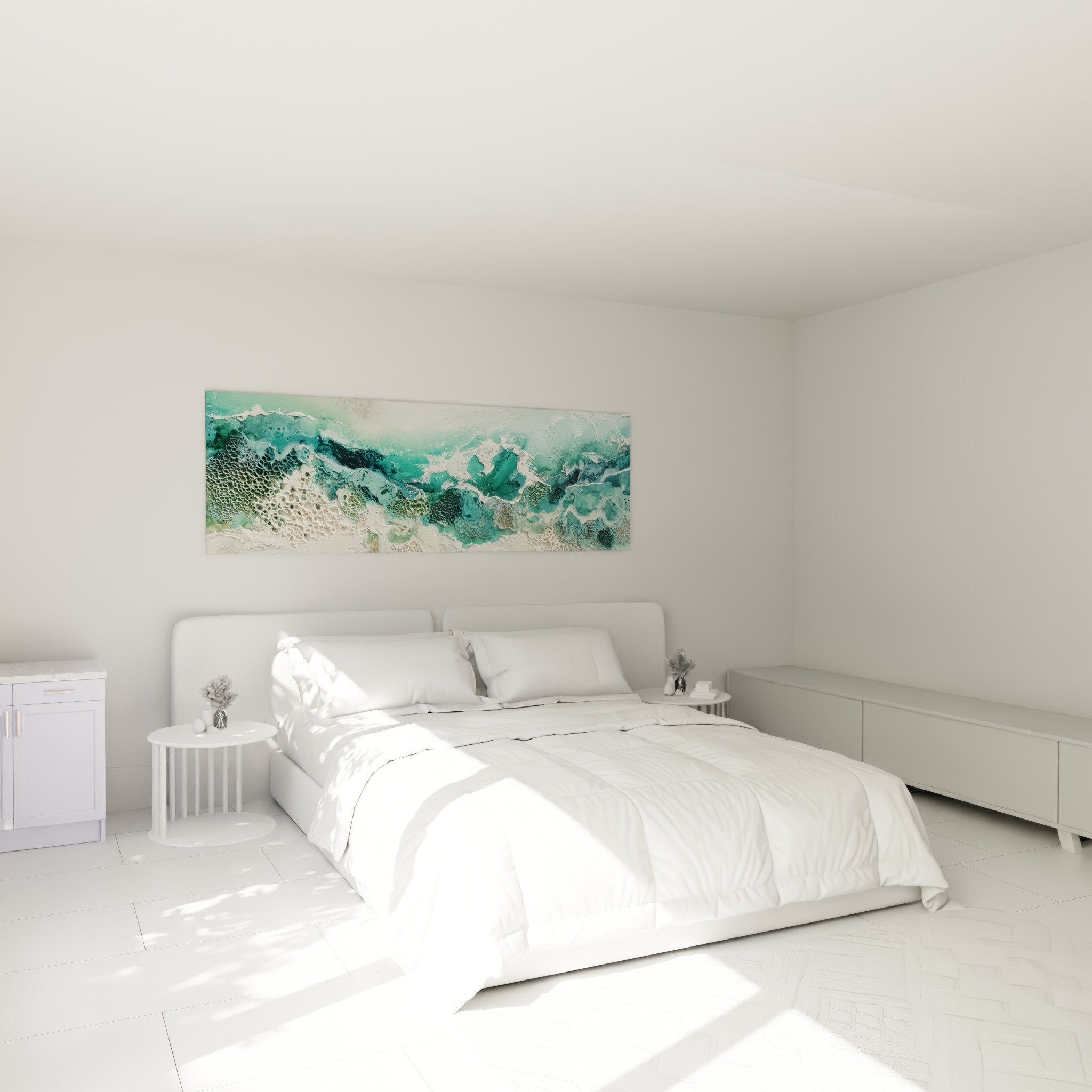 Bedroom decoration with soothing turquoise abstract painting featuring marine waves in feng shui style