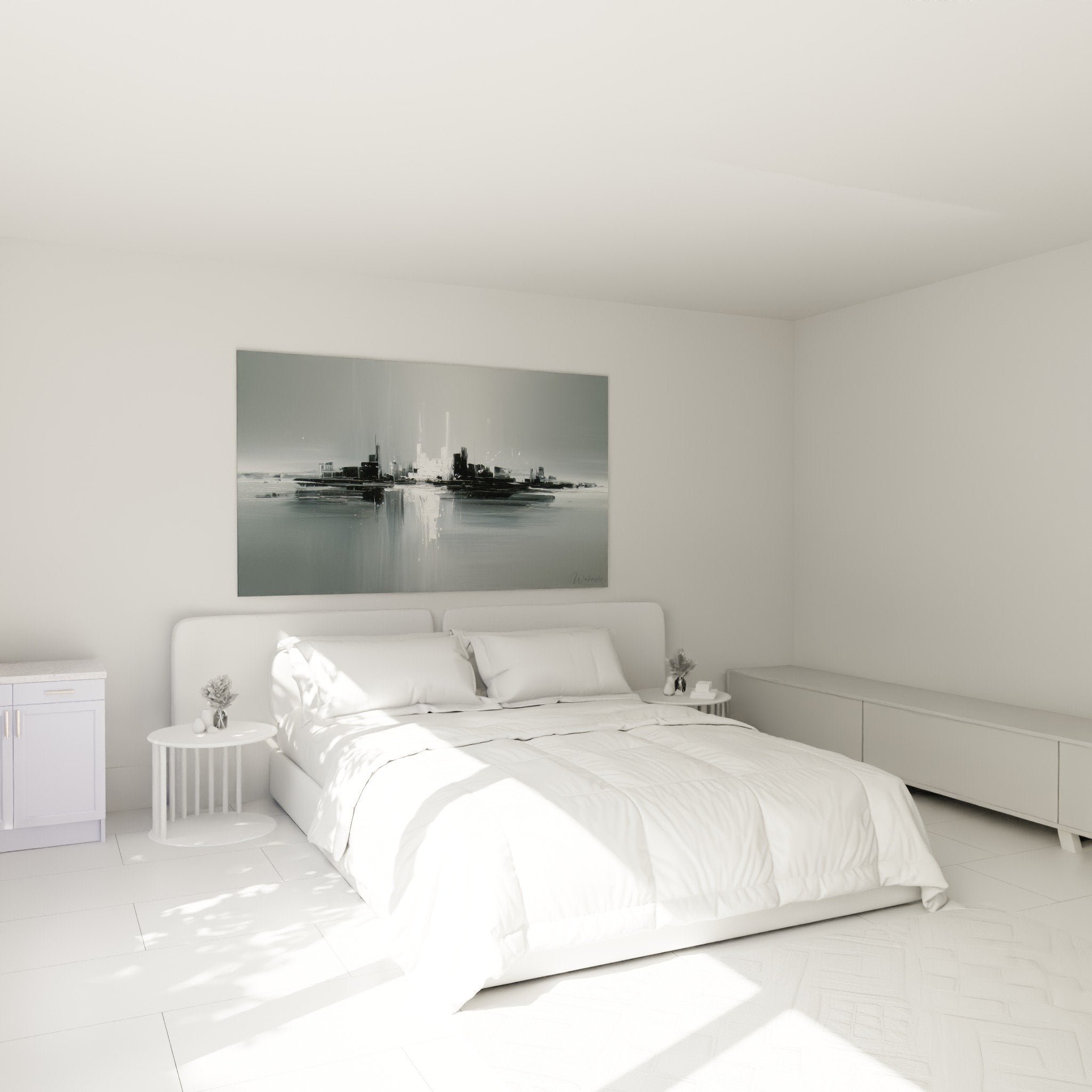 Tableau urbain abstrait gris blanc reflets eau chambre decoration murale feng shui ouest metal