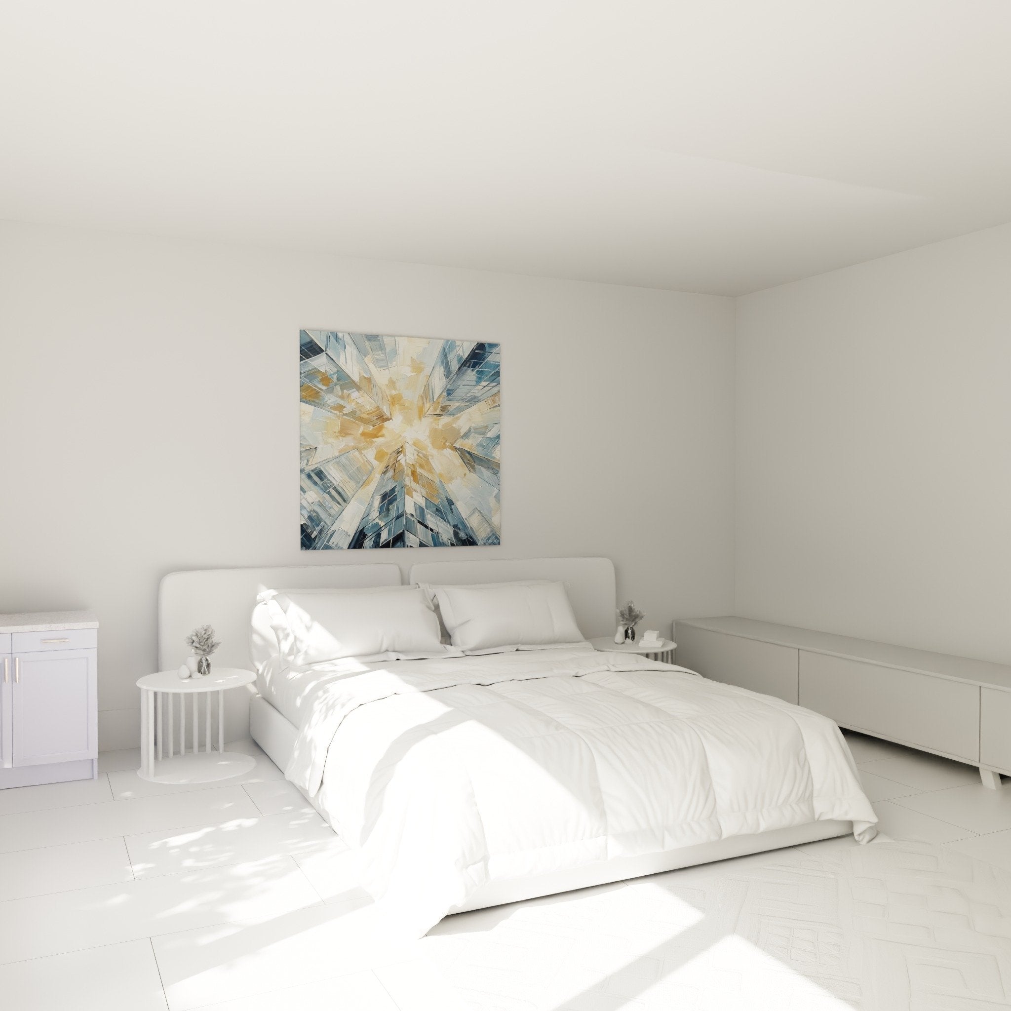 Décoration murale chambre tableau urbain Manhattan gratte-ciels bleus dorés ambiance moderne sophistiquée
