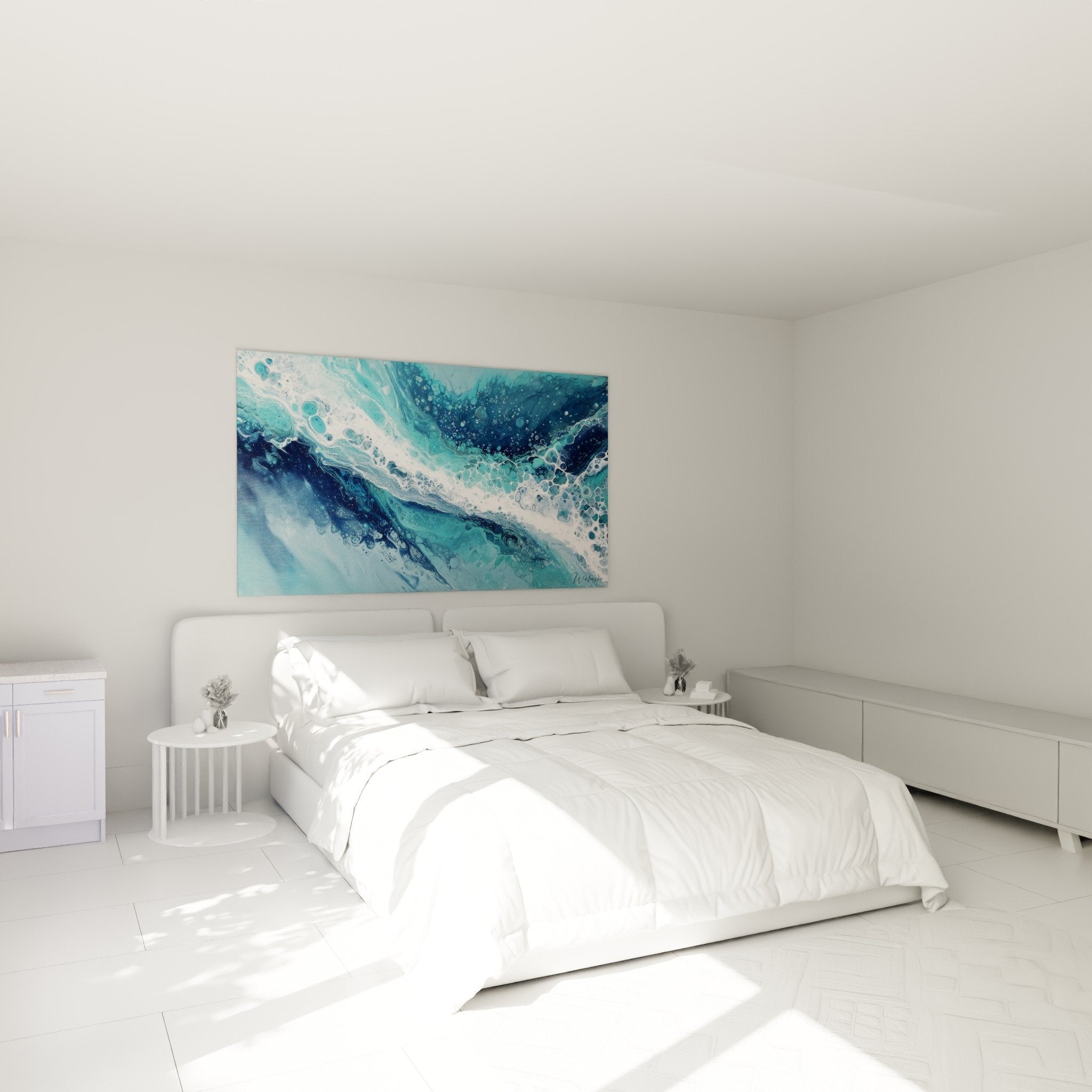 Décoration murale chambre tableau vagues abstraites bleu turquoise ambiance marine apaisante