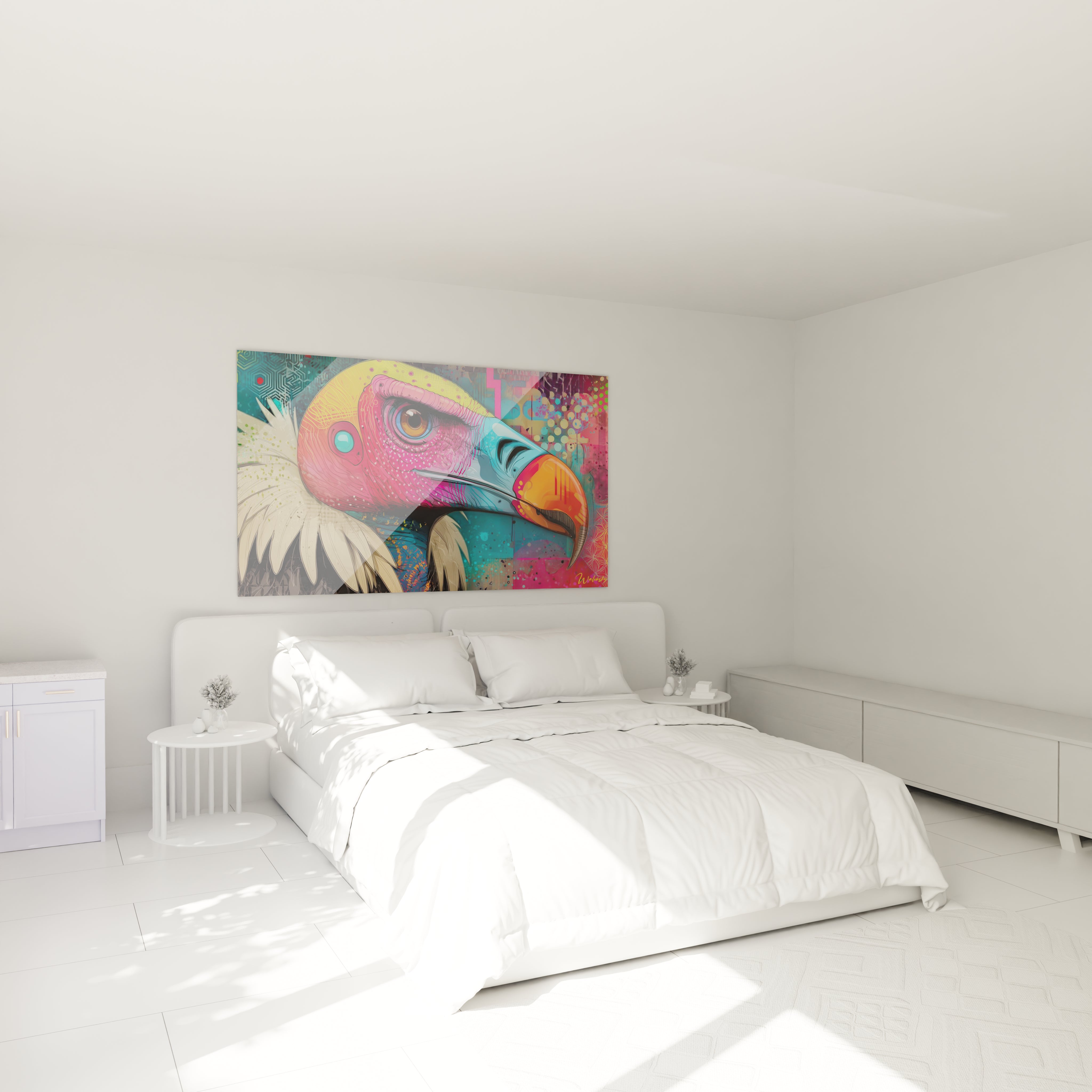 Ambiance chambre avec tableau déco vautour pop art moderne aux couleurs éclatantes sur mur blanc