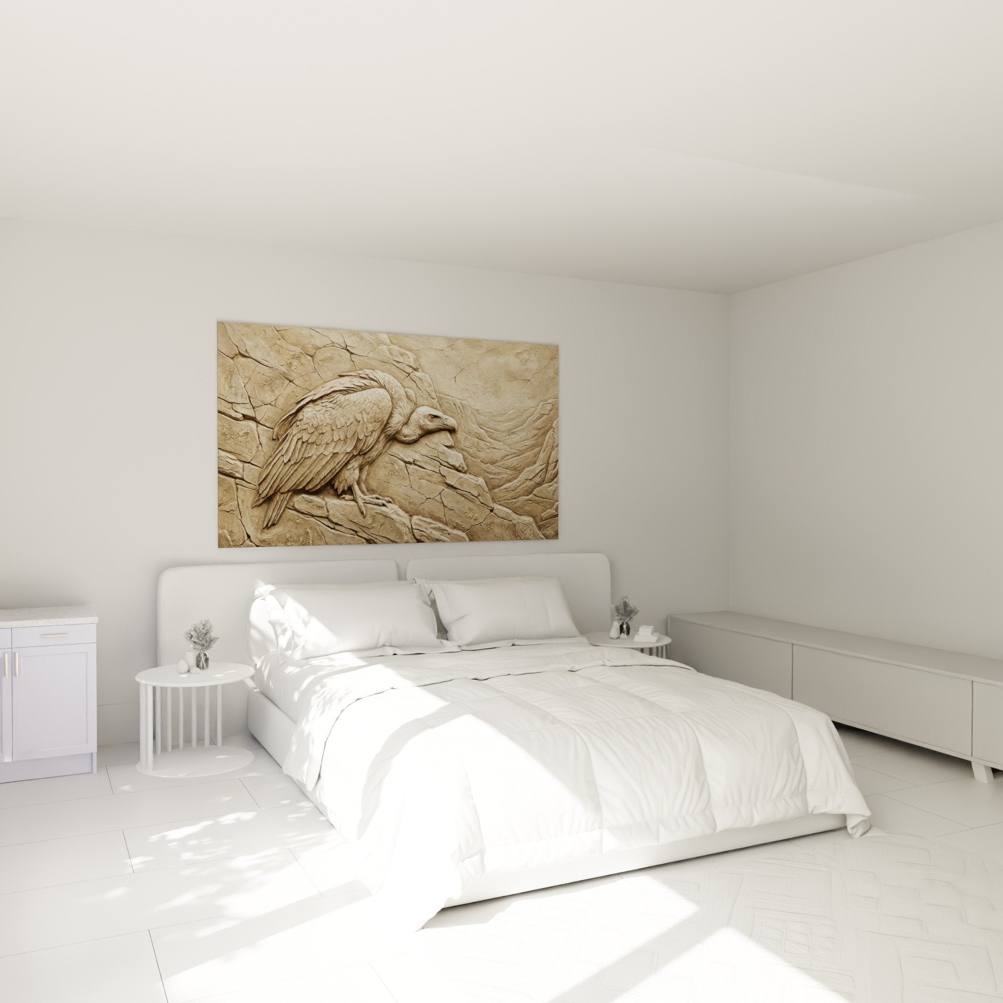 Deco chambre avec tableau vautour relief pierre beige au-dessus du lit ambiance zen naturelle