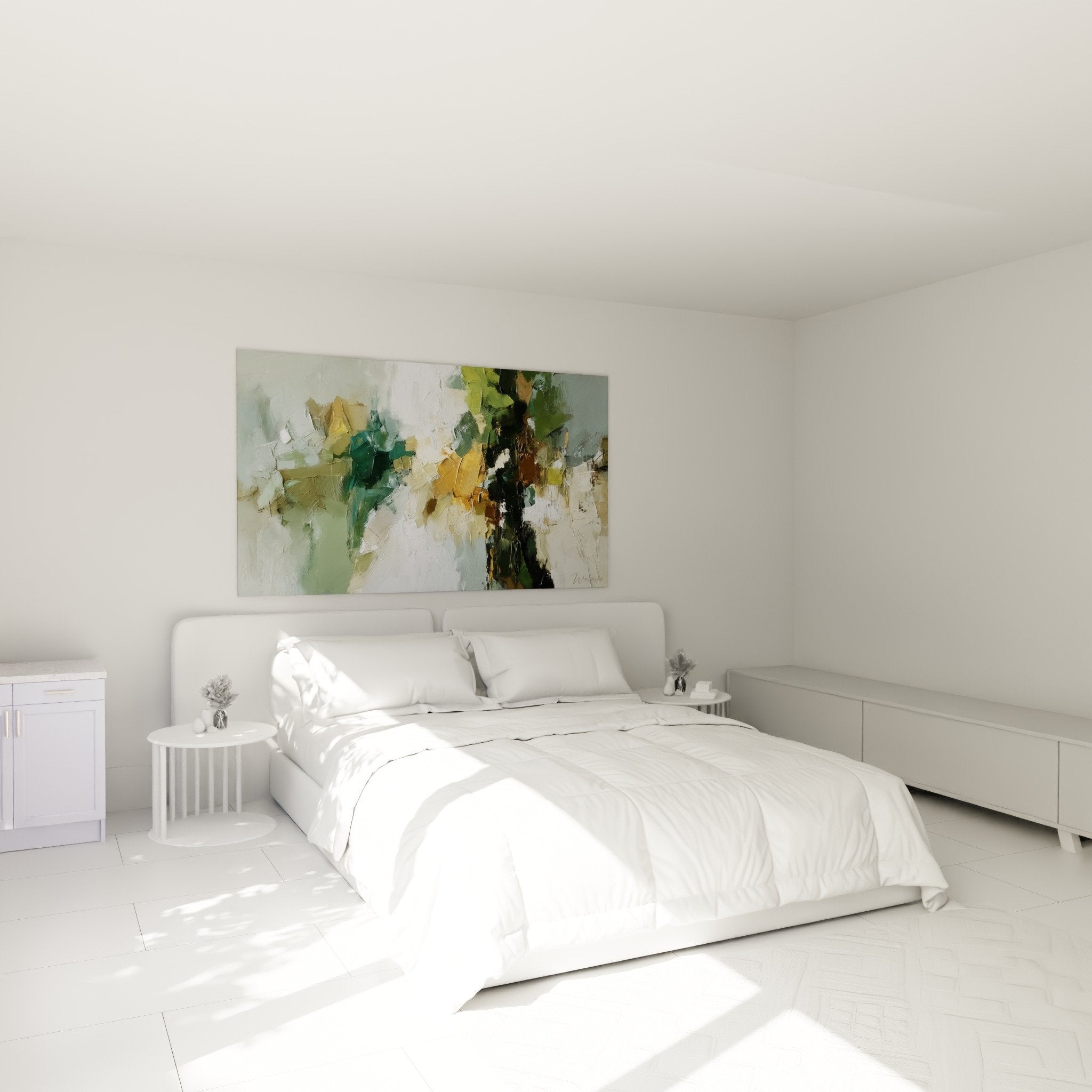 abstract painting green ochre tones bedroom wall decor soothing feng shui nature
