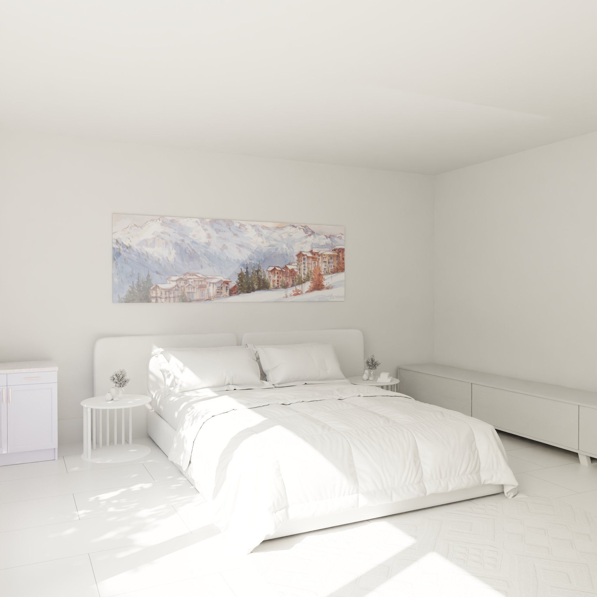 Décoration chambre tableau village alpin enneigé ambiance cosy montagne chalets