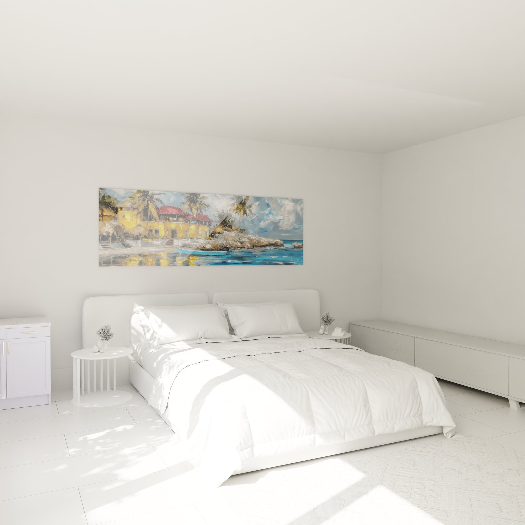 Décoration murale chambre tableau village côtier méditerranéen ambiance maritime tropicale