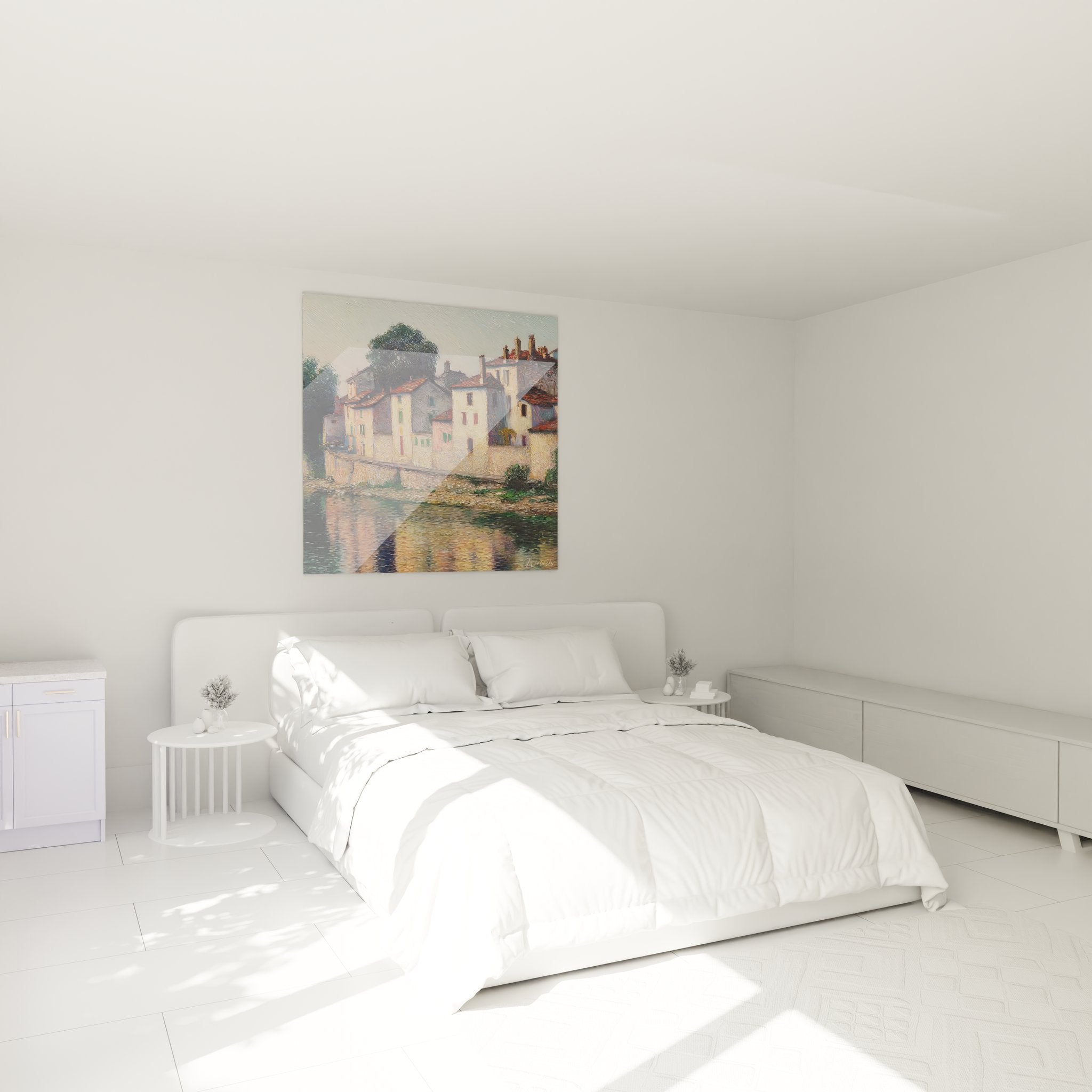 Décoration murale chambre tableau village bord de rivière ambiance provençale chaleureuse