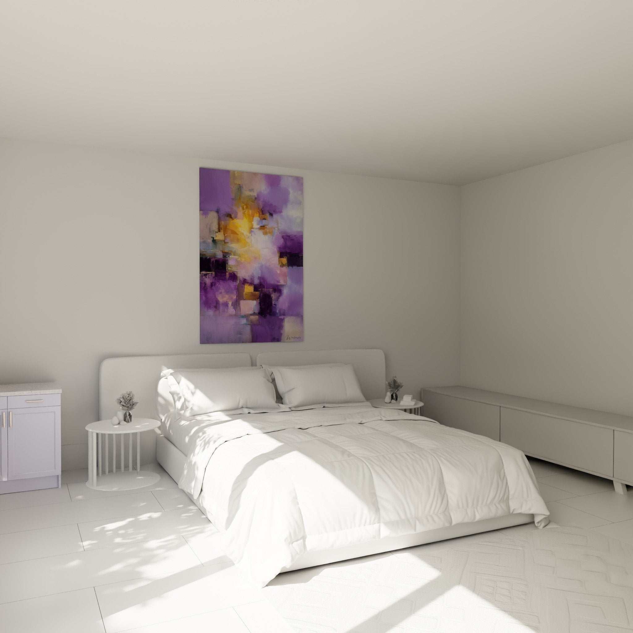 abstract purple and gold wall decoration in modern feng shui bedroom