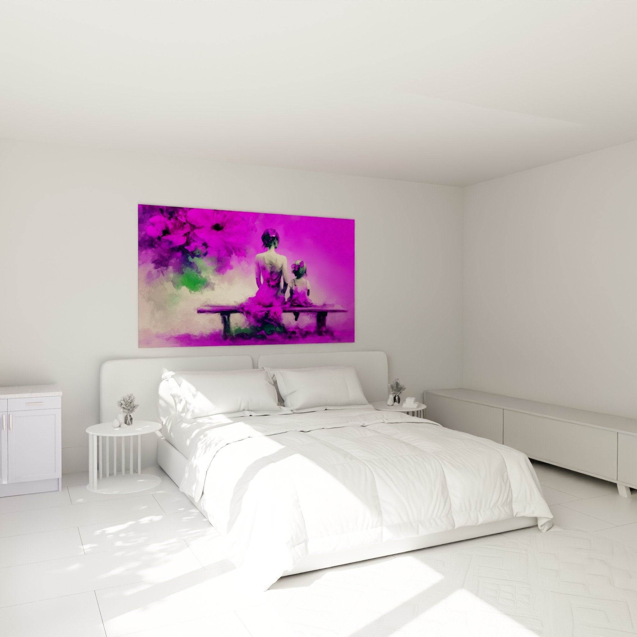Wanddekoration Elternschlafzimmer violettes magenta Gemälde Mutter Kind beruhigende Atmosphäre Mohnblüten Edition