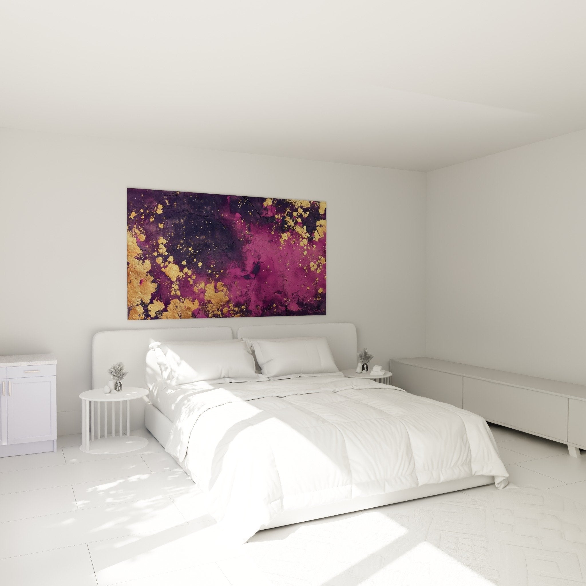 Purple and gold wall art in modern bedroom - harmonious feng shui ambiance with contemporary furniture