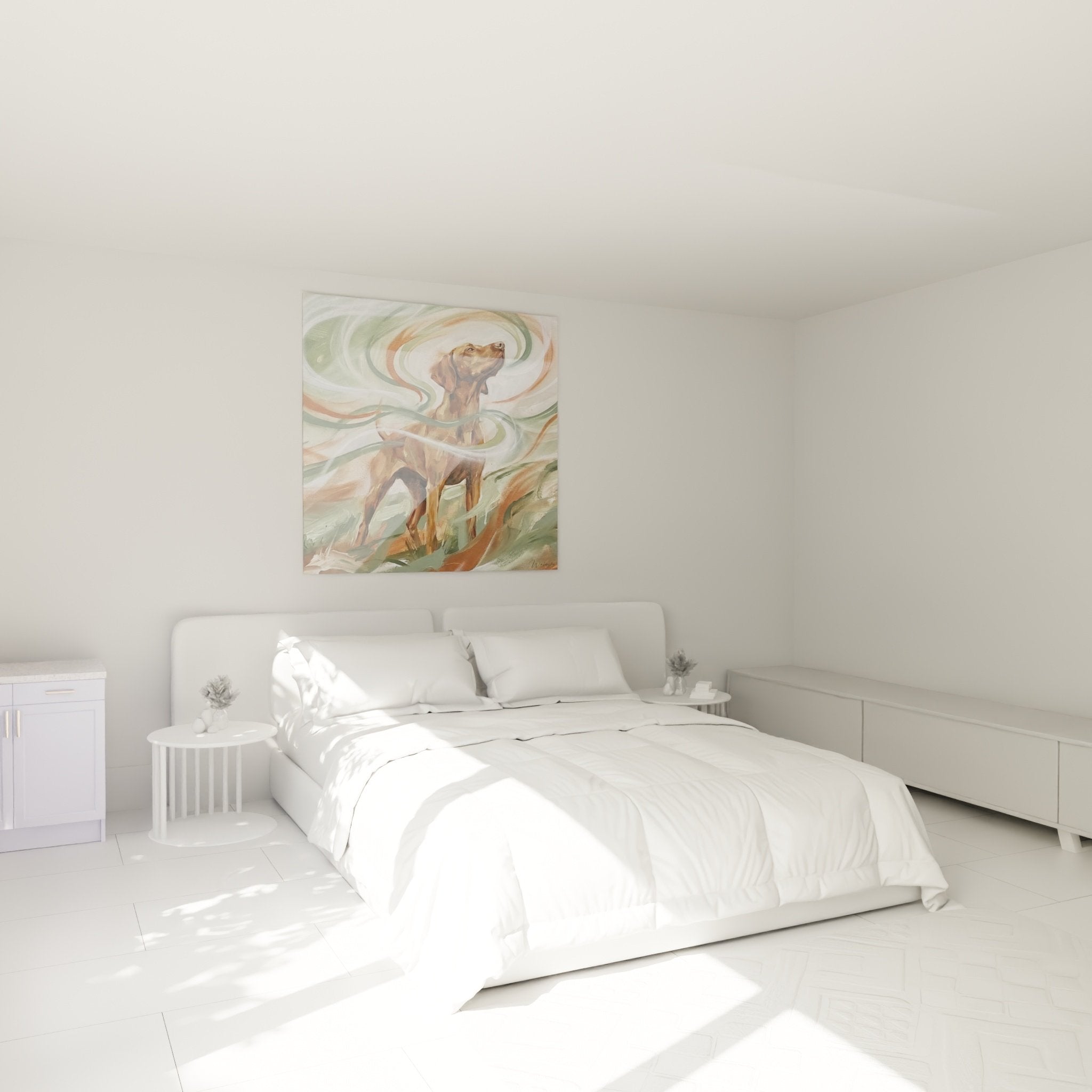 vizsla-hund-gemälde-schlafzimmer-wanddekoration-natürliche-farben-beruhigende-atmosphäre-grün-ocker