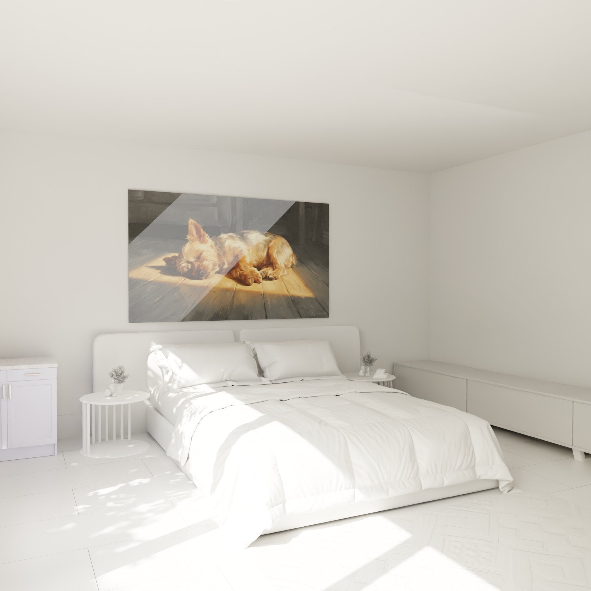 Decoration chambre avec tableau Yorkshire Terrier dormant tons chauds ambiance cosy