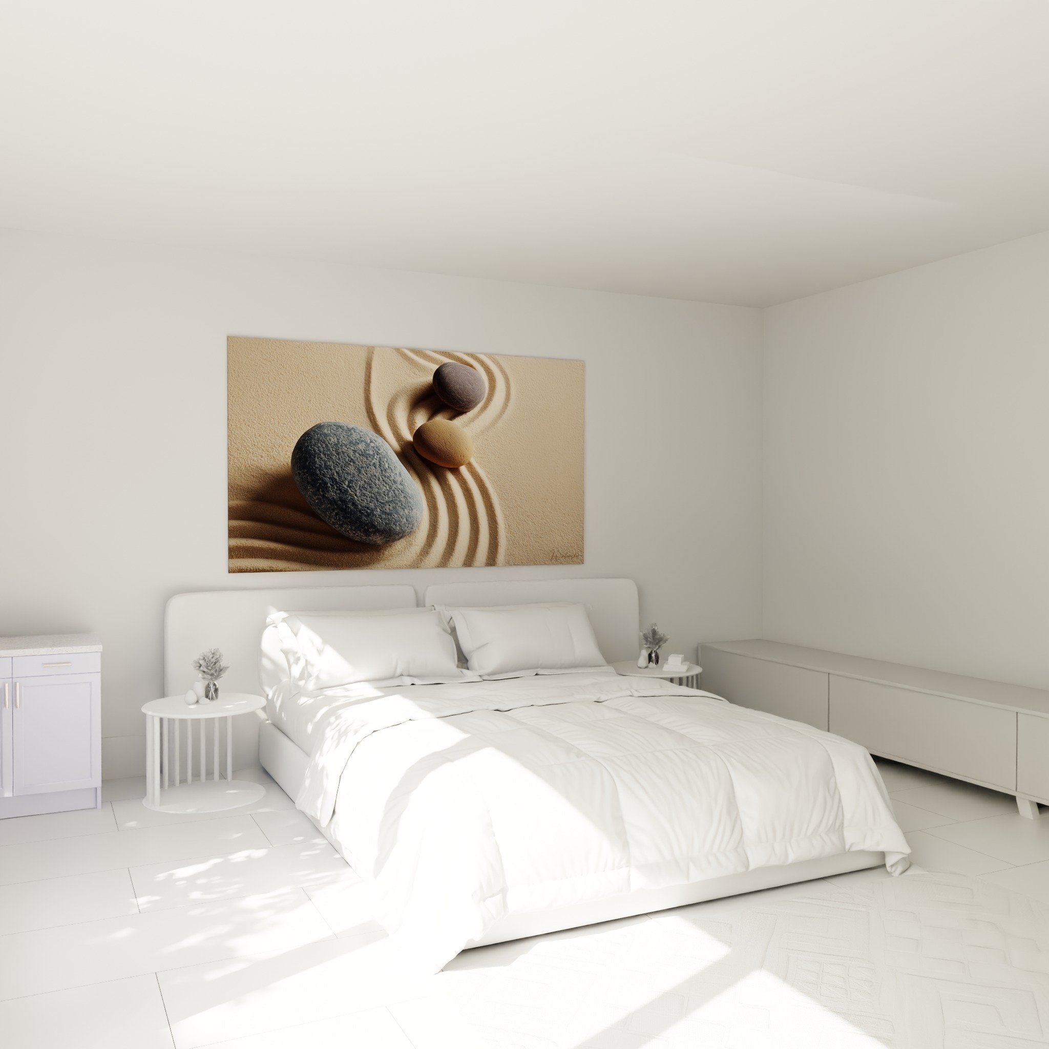 Décoration murale chambre tableau pierres zen sable - ambiance sereine et naturelle pour espace repos