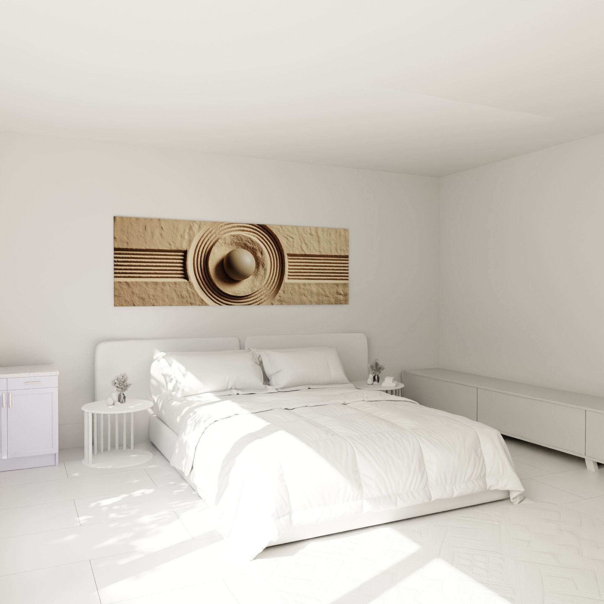 Décoration chambre tableau zen sable composition minérale cercles pierre ambiance apaisante beige