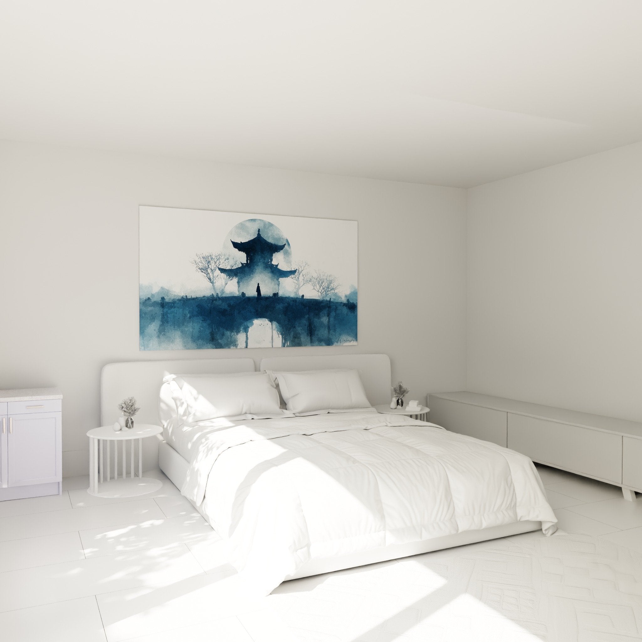 Decoration murale temple aquarelle bleue dans chambre moderne style zen pagode