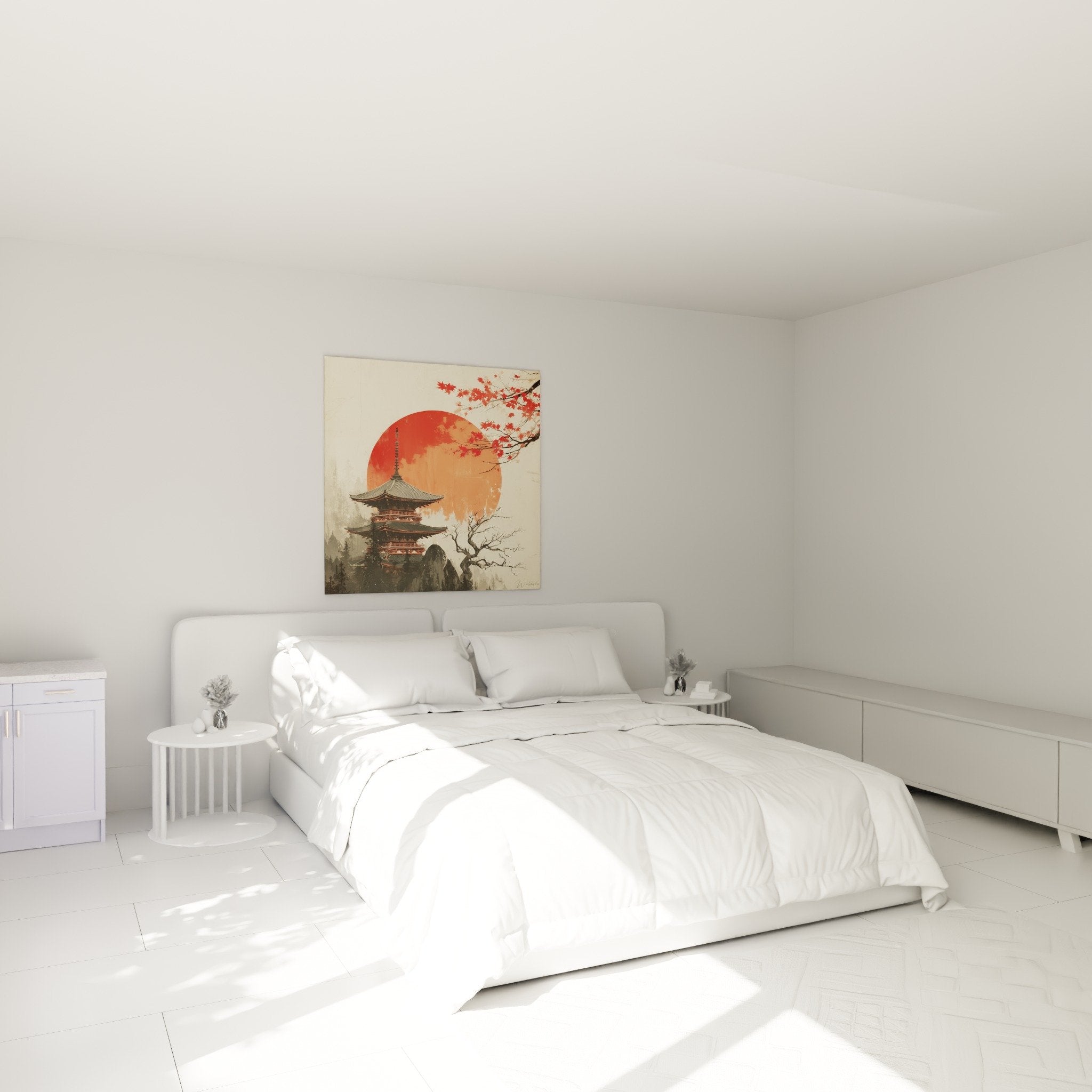 Japanese temple wall decoration red sun bedroom zen atmosphere meditation Asian art
