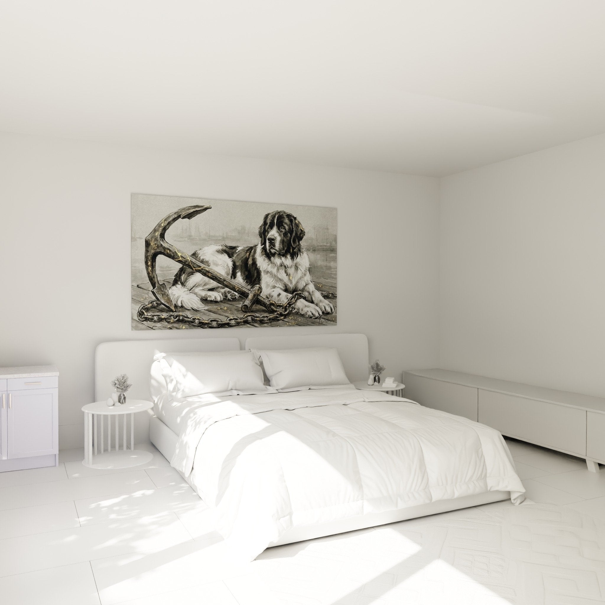 Newfoundland maritime wall art bedroom decor anchor chain nautical ambiance white wall natural wood furniture