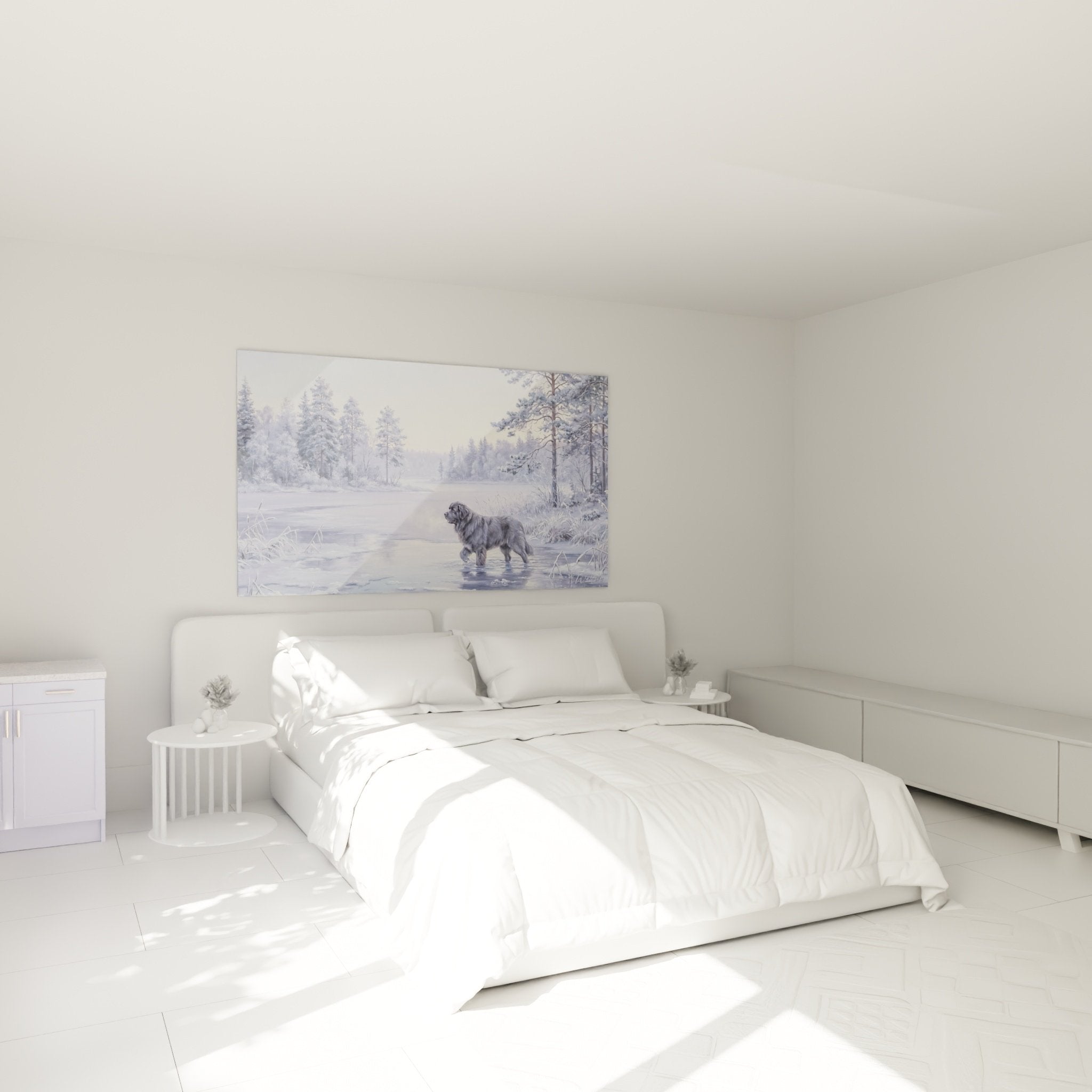 Gemälde Neufundland Winterlandschaft Schlafzimmerdeko gemütliche Atmosphäre Lila- und Violetttöne beruhigend nordischer Stil