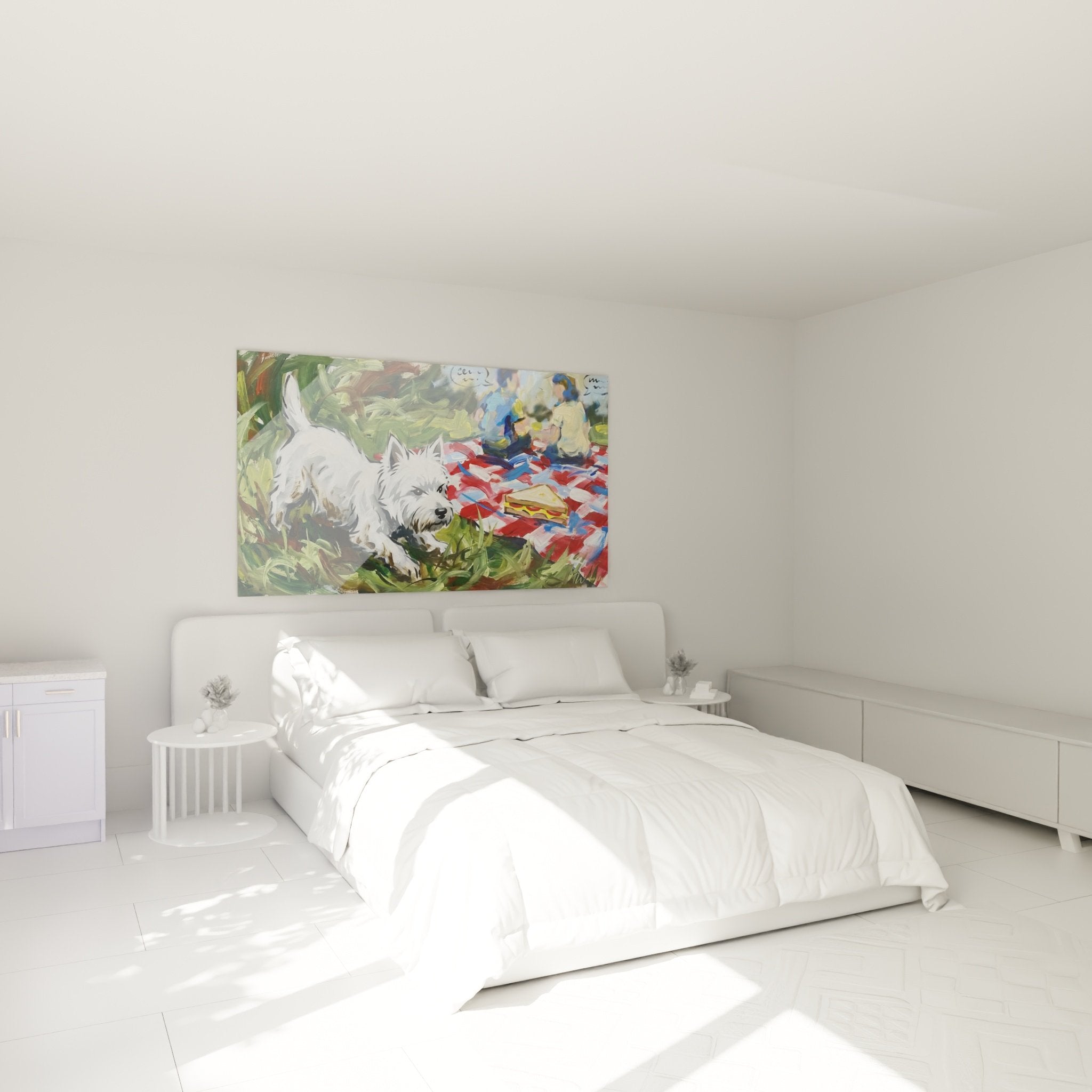 Deco chambre tableau terrier blanc pique-nique nappe carreaux rouge ambiance conviviale bucolique