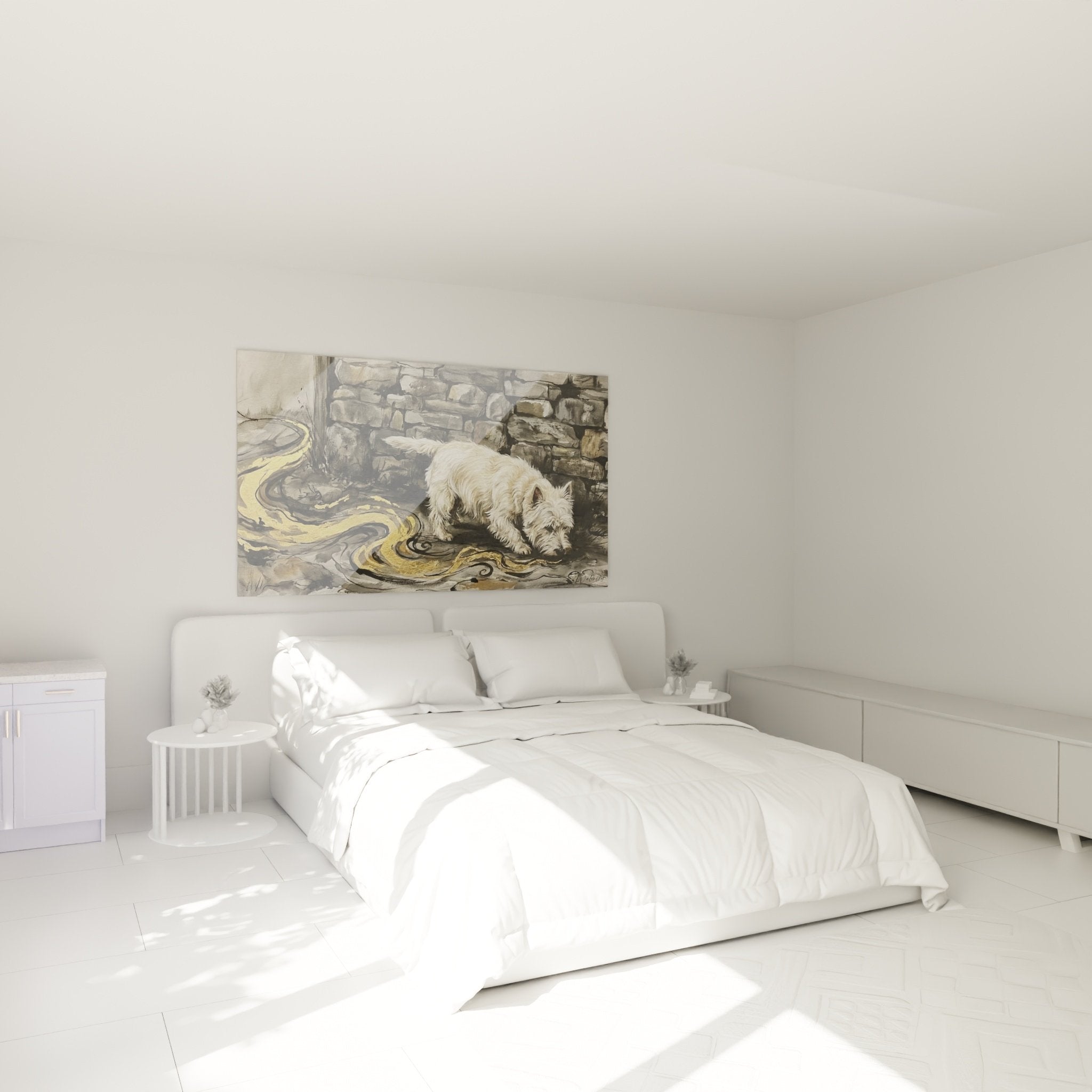 Decoration murale terrier blanc dans ruines dorées ambiance chambre zen et apaisante