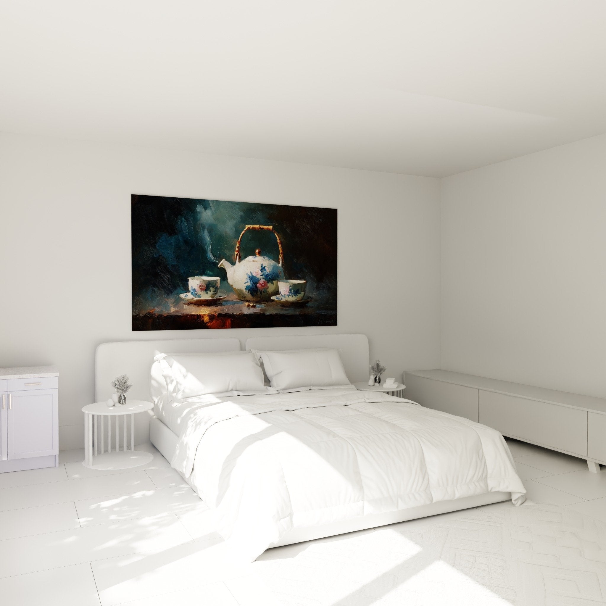 Wall decoration bedroom Japanese tea service porcelain floral zen peaceful ambiance