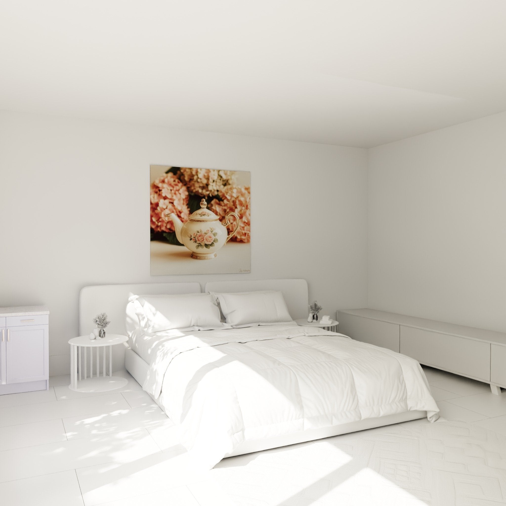 Décoration chambre théière fleurie porcelaine dorée roses tableau mural ambiance romantique cosy