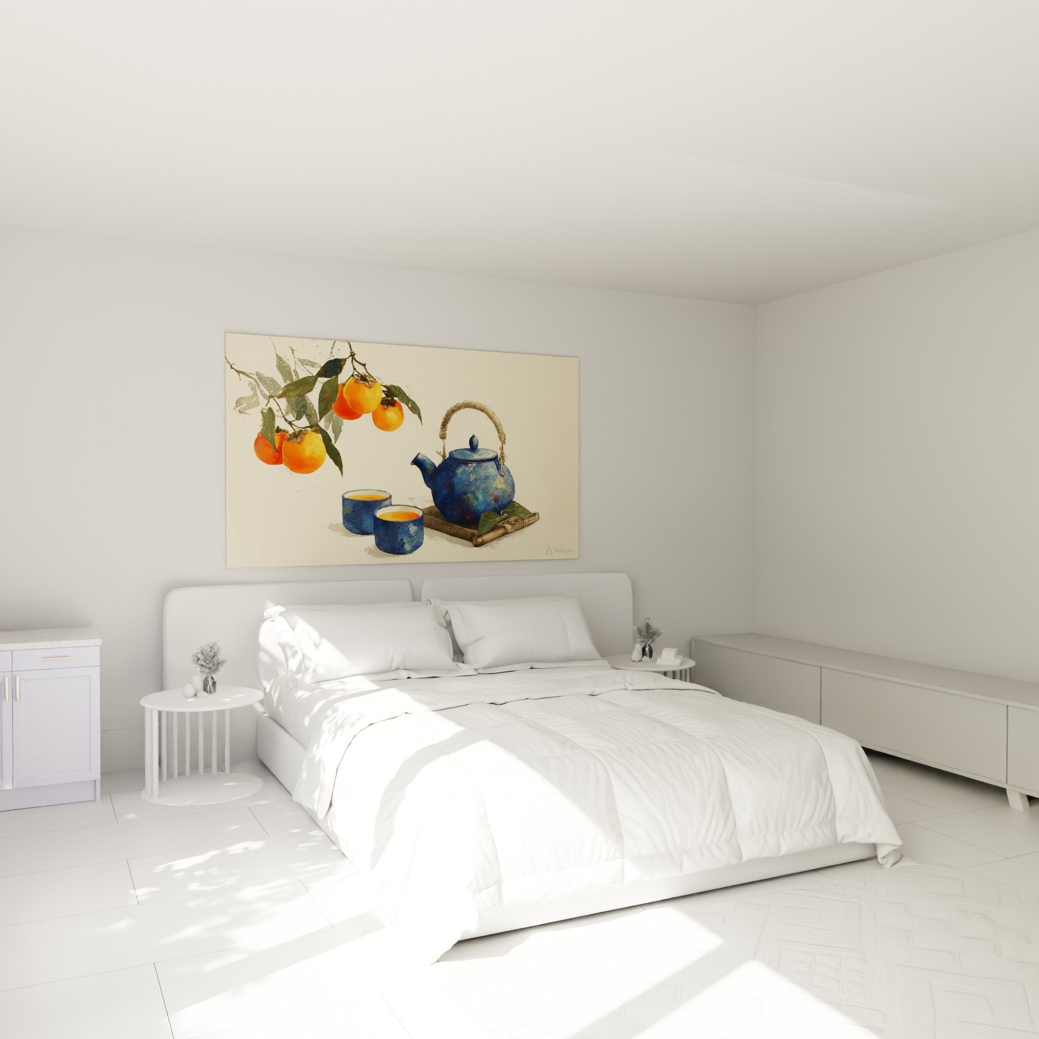 Bedroom decoration with blue teapot and oranges wall art in a zen and calming atmosphere