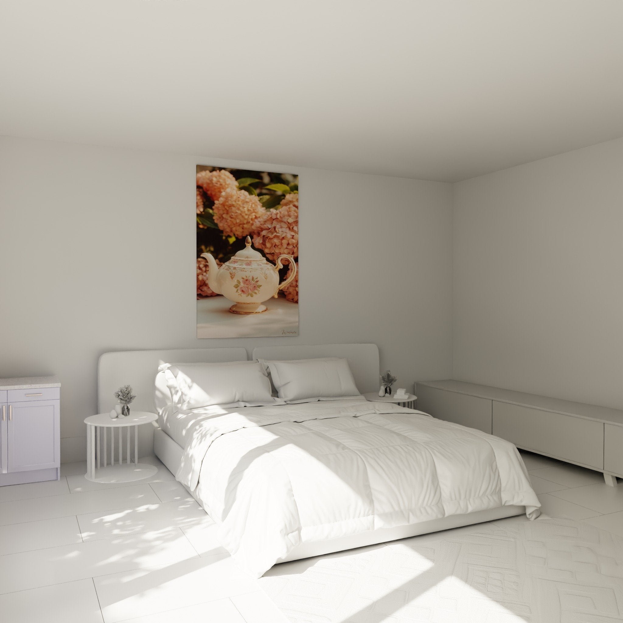 Japanese teapot wall art pink and gold in modern bedroom zen and romantic atmosphere