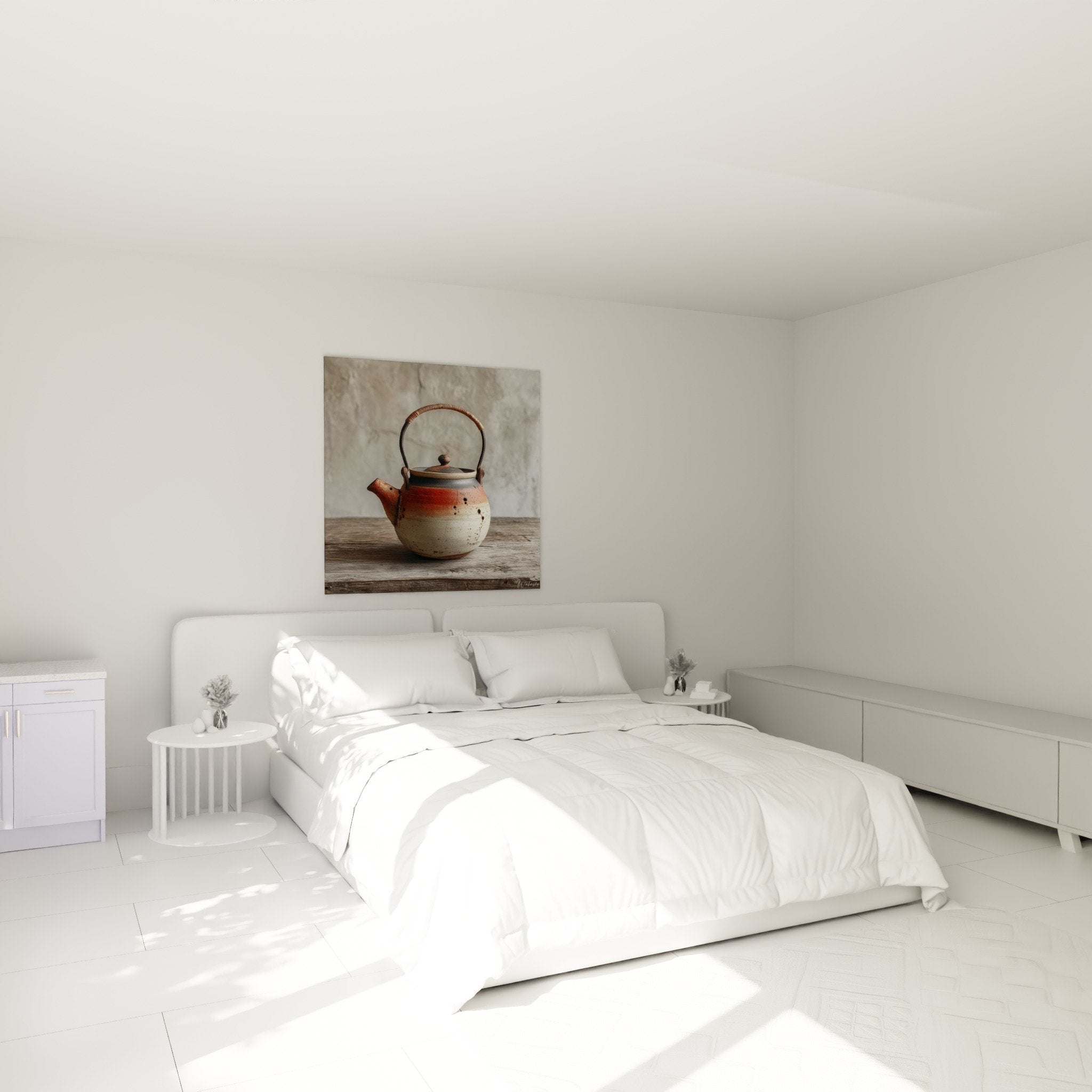 Bedroom decoration with copper Japanese teapot wall art for zen and calming ambiance