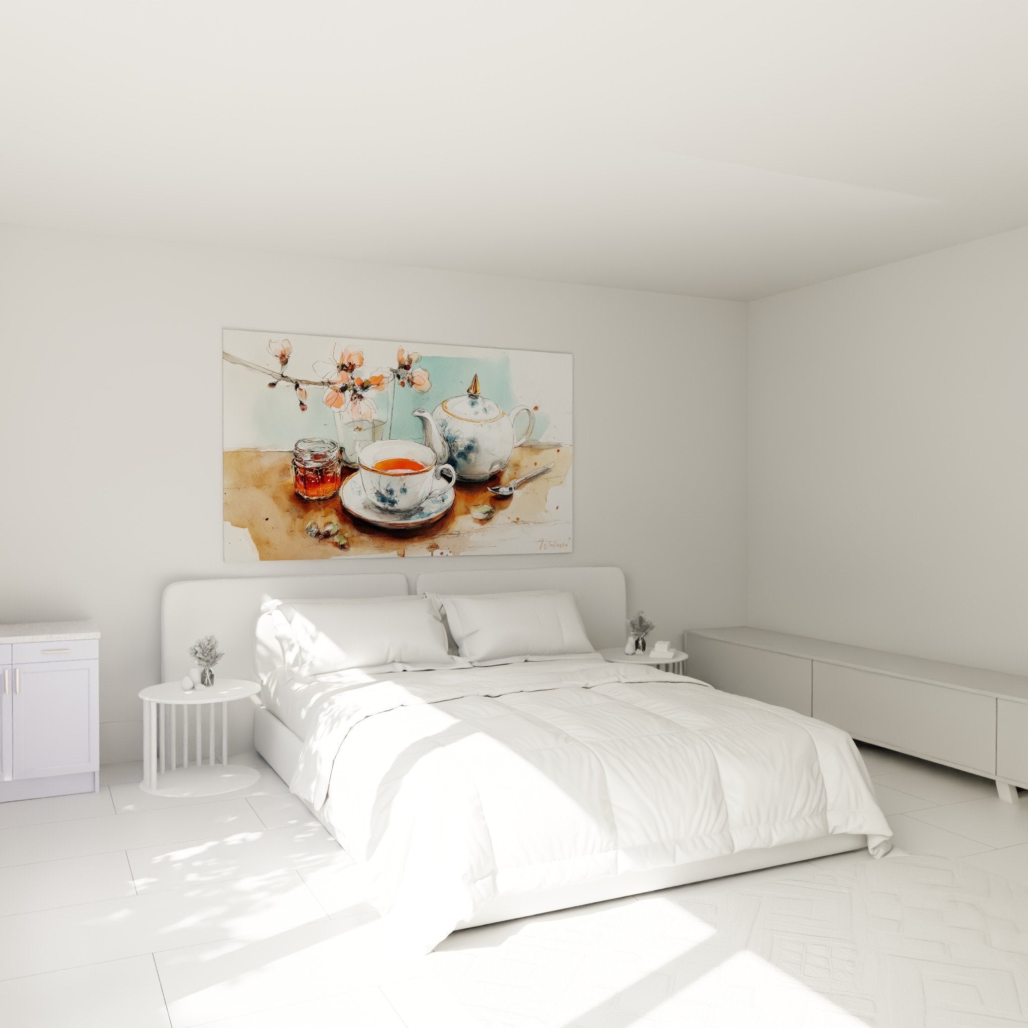 Décoration murale théière japonaise aquarelle dans chambre moderne ambiance zen cocooning tons doux