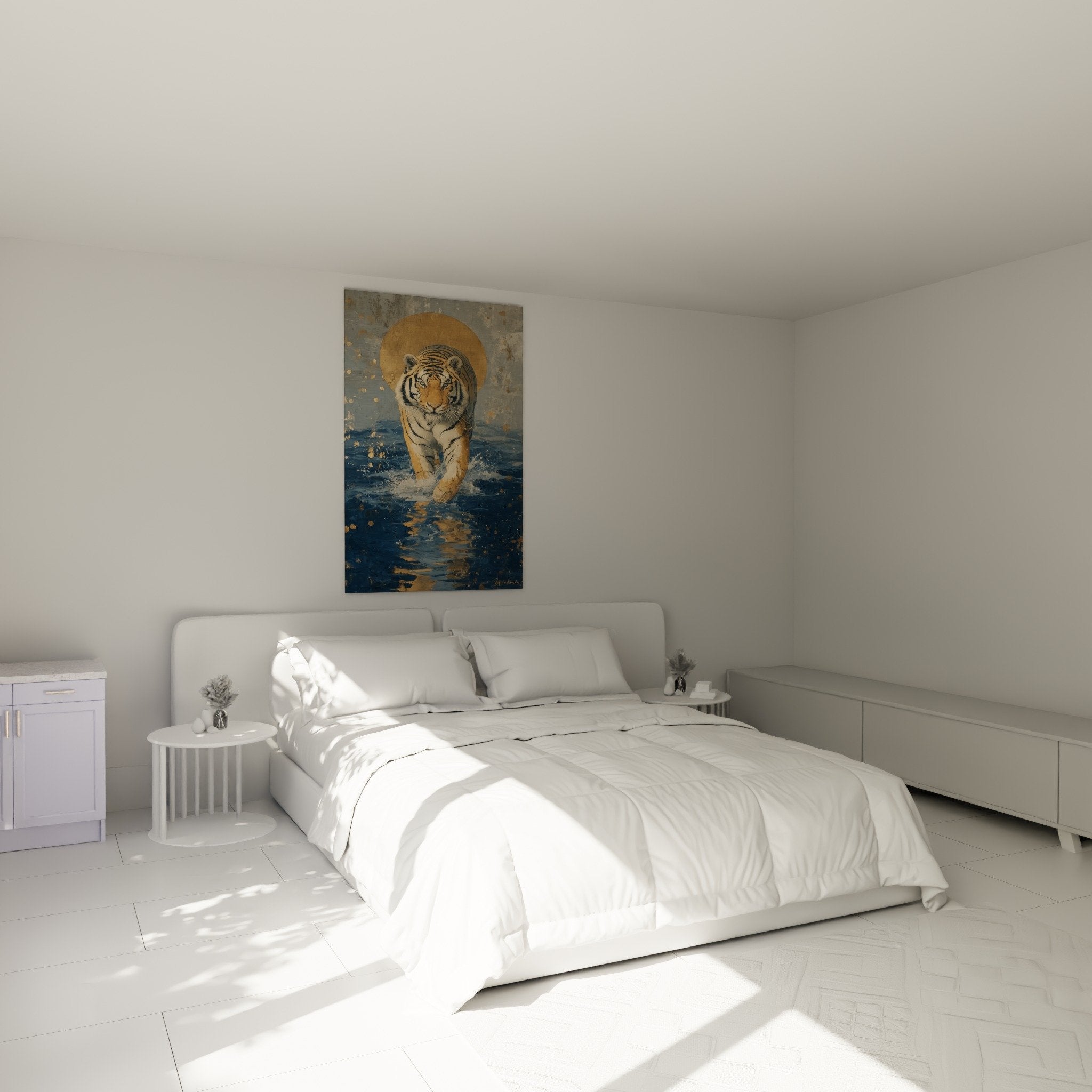Décoration chambre avec tableau tigre aquatique doré sur mur gris, ambiance zen et spirituelle