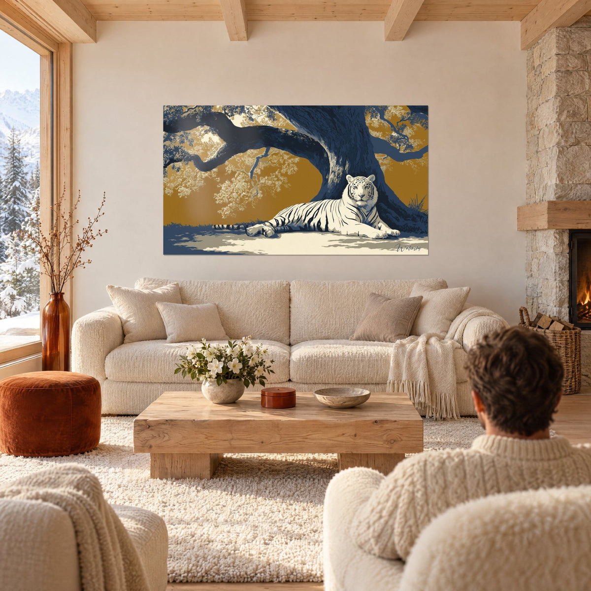 Wall art white tiger with black stripes lying under a midnight-blue oak on a golden background, above a sofa in a bright living room