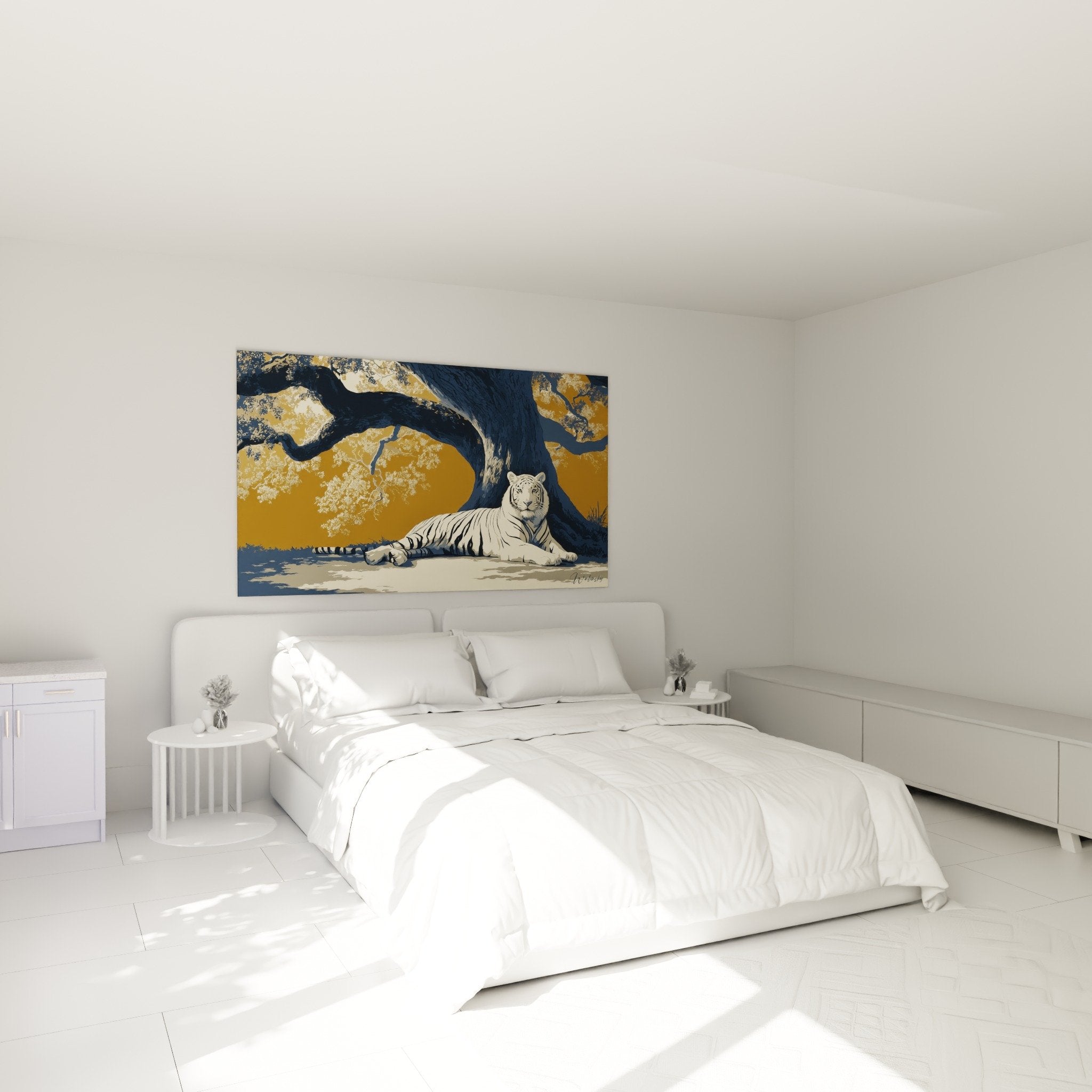 White tiger painting resting bedroom decoration zen ambiance golden blue colors soothing wall art