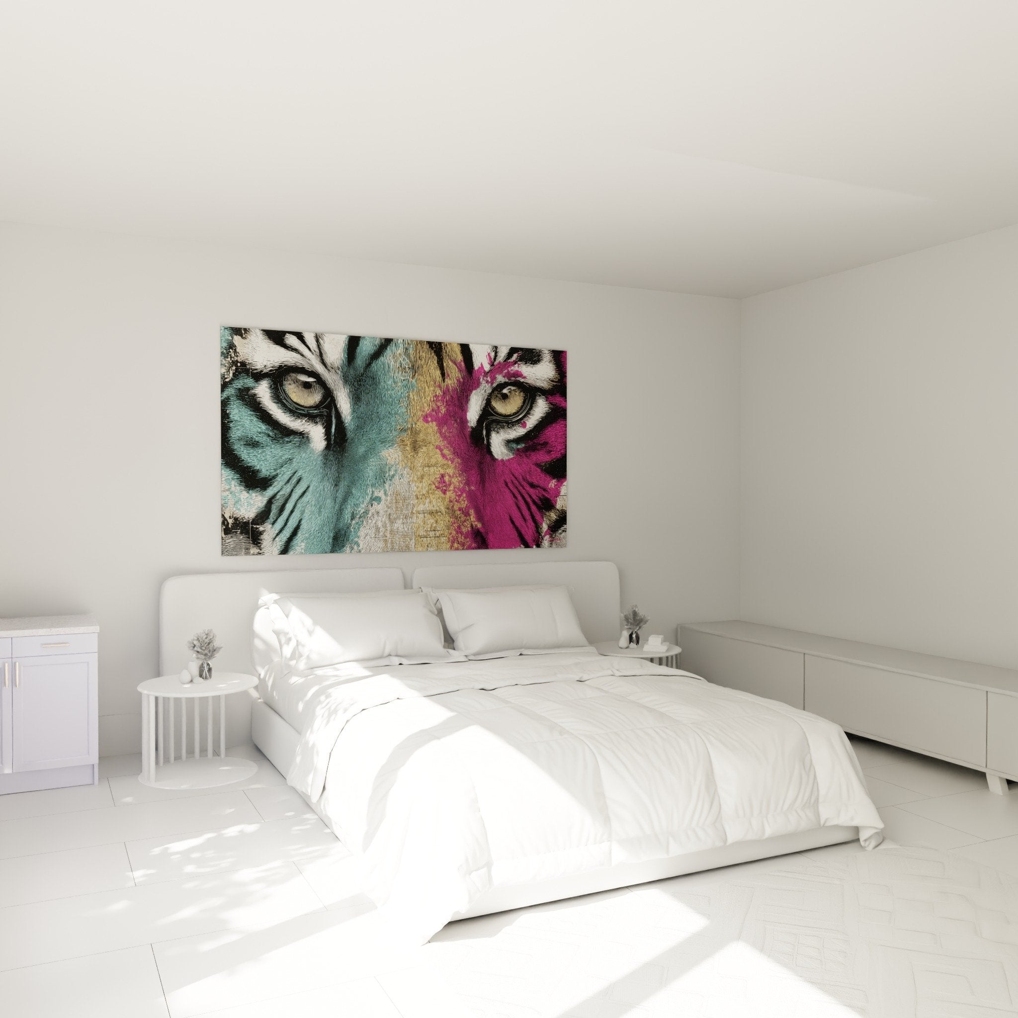 Schlafzimmer Dekoration Tiger Gemälde leuchtende Farben Blau Rosa modernes Ambiente weiße Wand natürliches Holzmobiliar