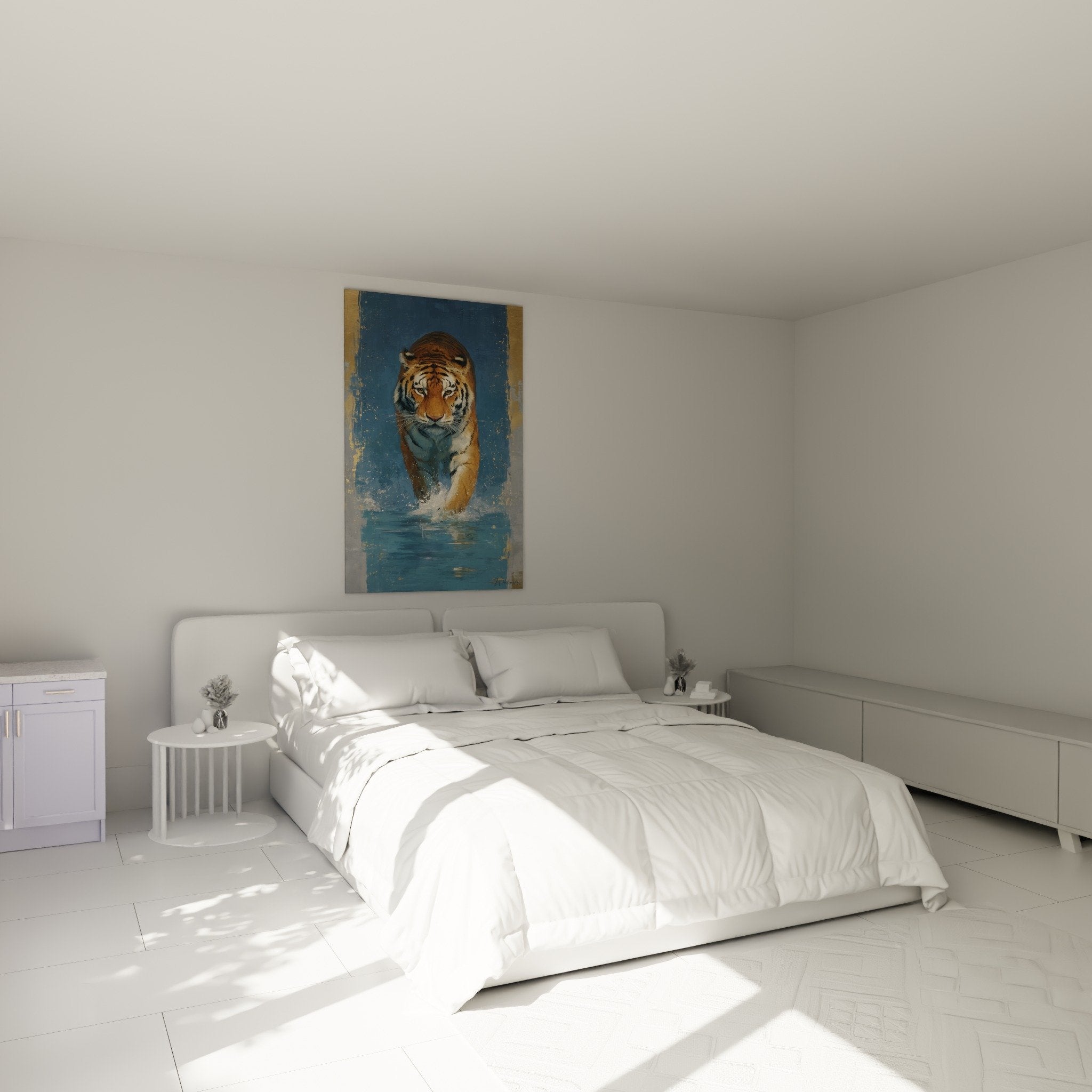 Tableau tigre dans eau deco chambre - ambiance sereine bleu et or - art mural contemporain