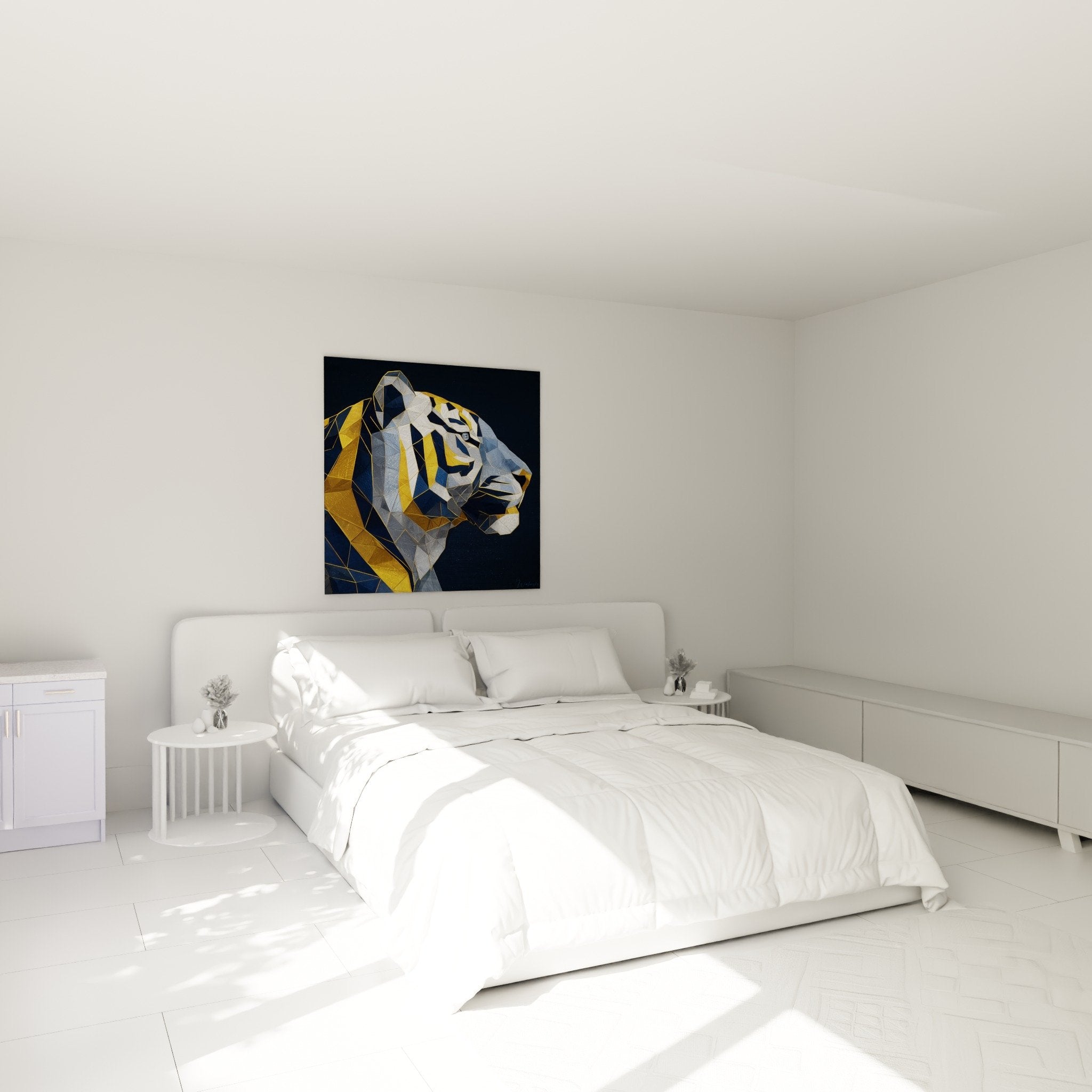 Tiger polygon wall art gold blue bedroom decoration contemporary sophisticated mural