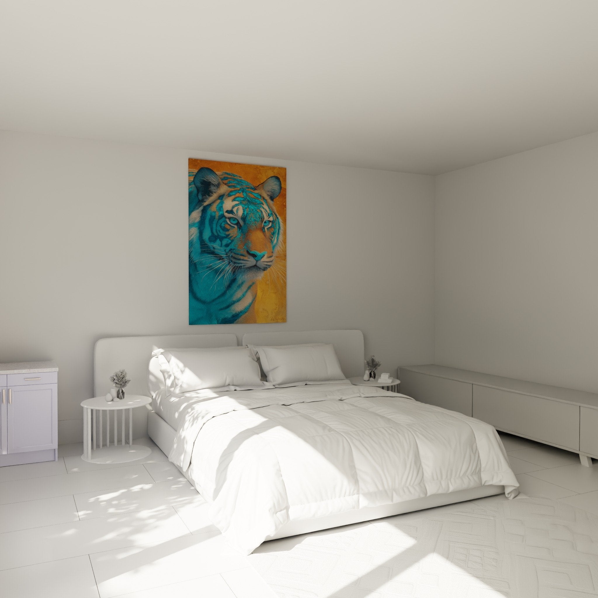 Turquoise orange tiger wall art tropical modern bedroom decor white wall
