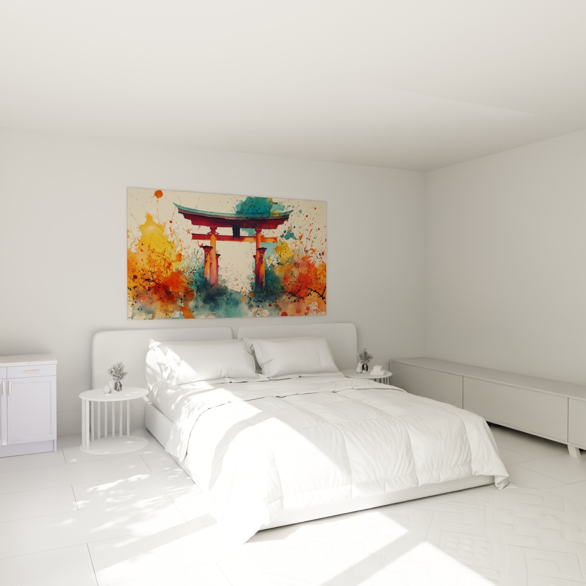 Wanddekoration Schlafzimmer Torii Aquarell farbig orange türkis Zen-Atmosphäre modernes japanisches Design