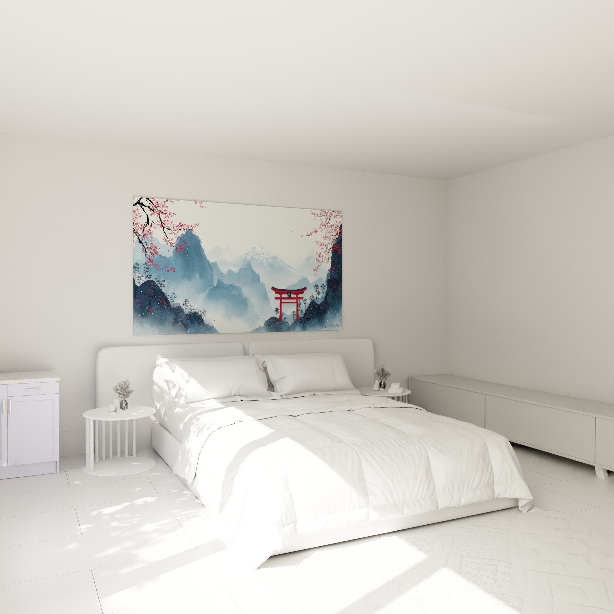 Zen torii gate mountain mist bedroom decor peaceful ambiance Japanese art cherry blossoms