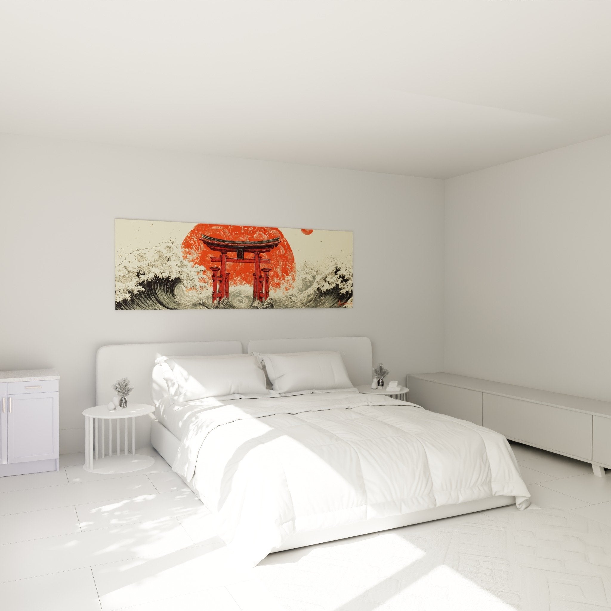 Décoration murale chambre avec torii rouge et vagues dans palette orange gris pour ambiance zen japonaise