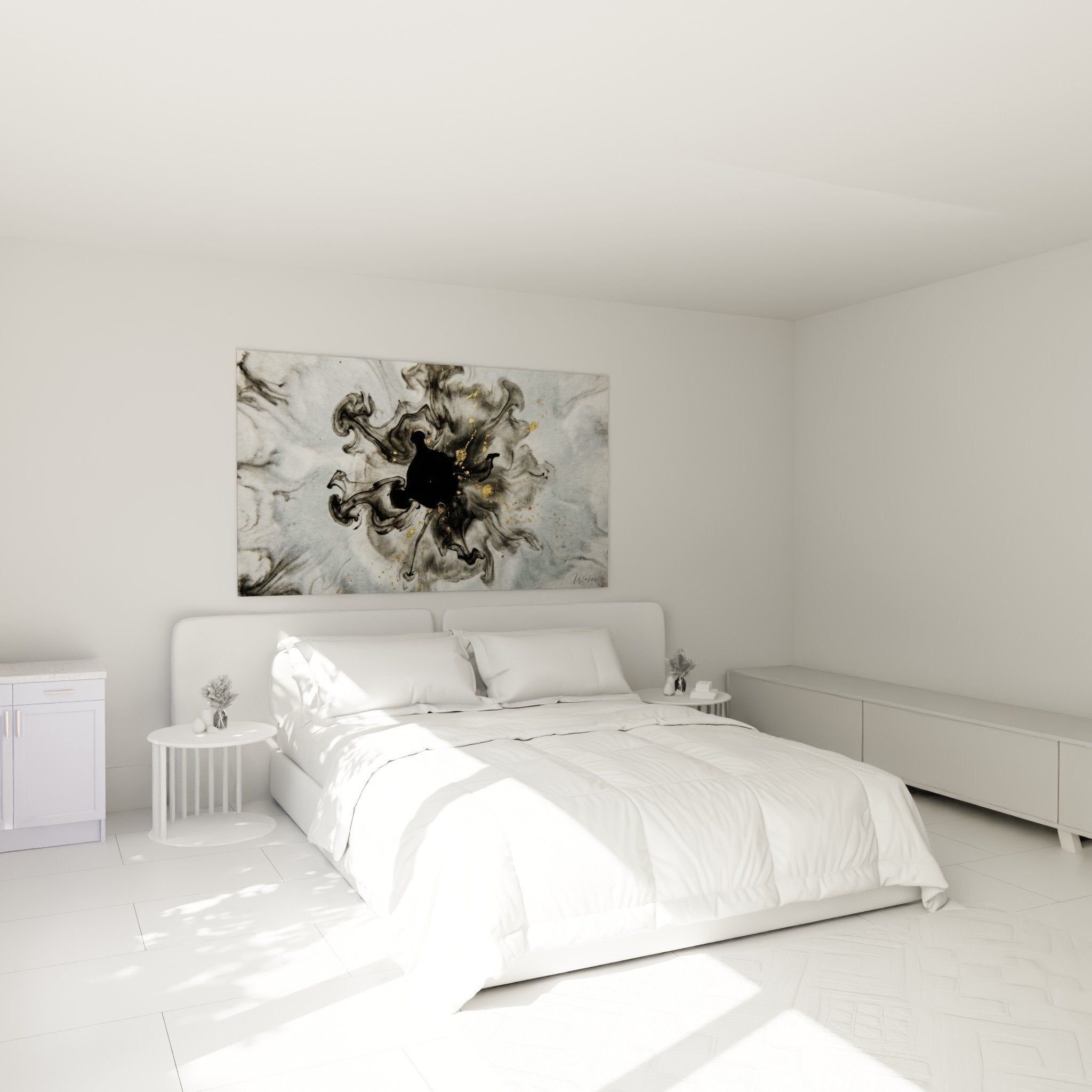 Œuvre abstraite tourbillon noir doré dans chambre épurée décoration murale japandi moderne