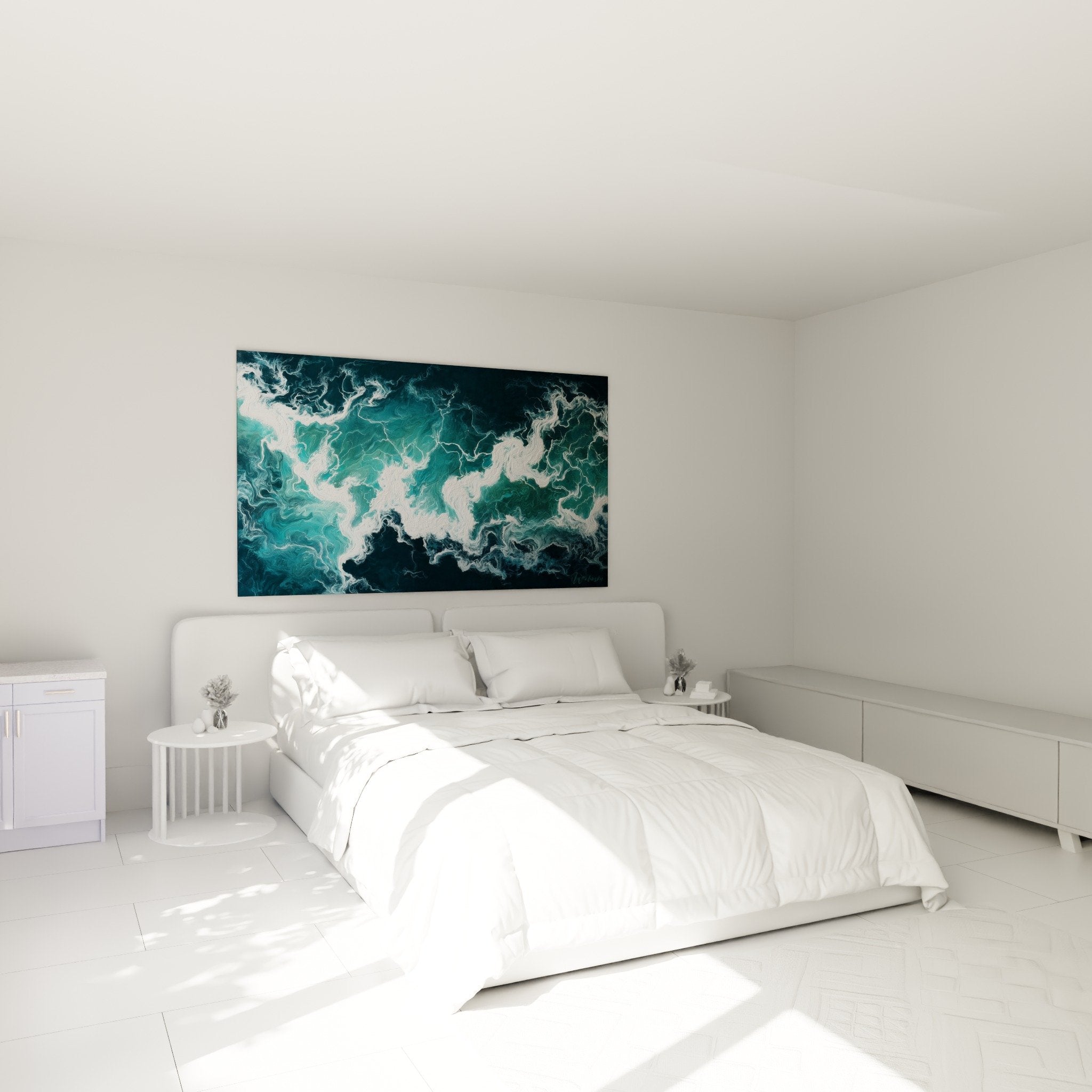 Wall decoration bedroom turquoise white swirls marine soothing atmosphere